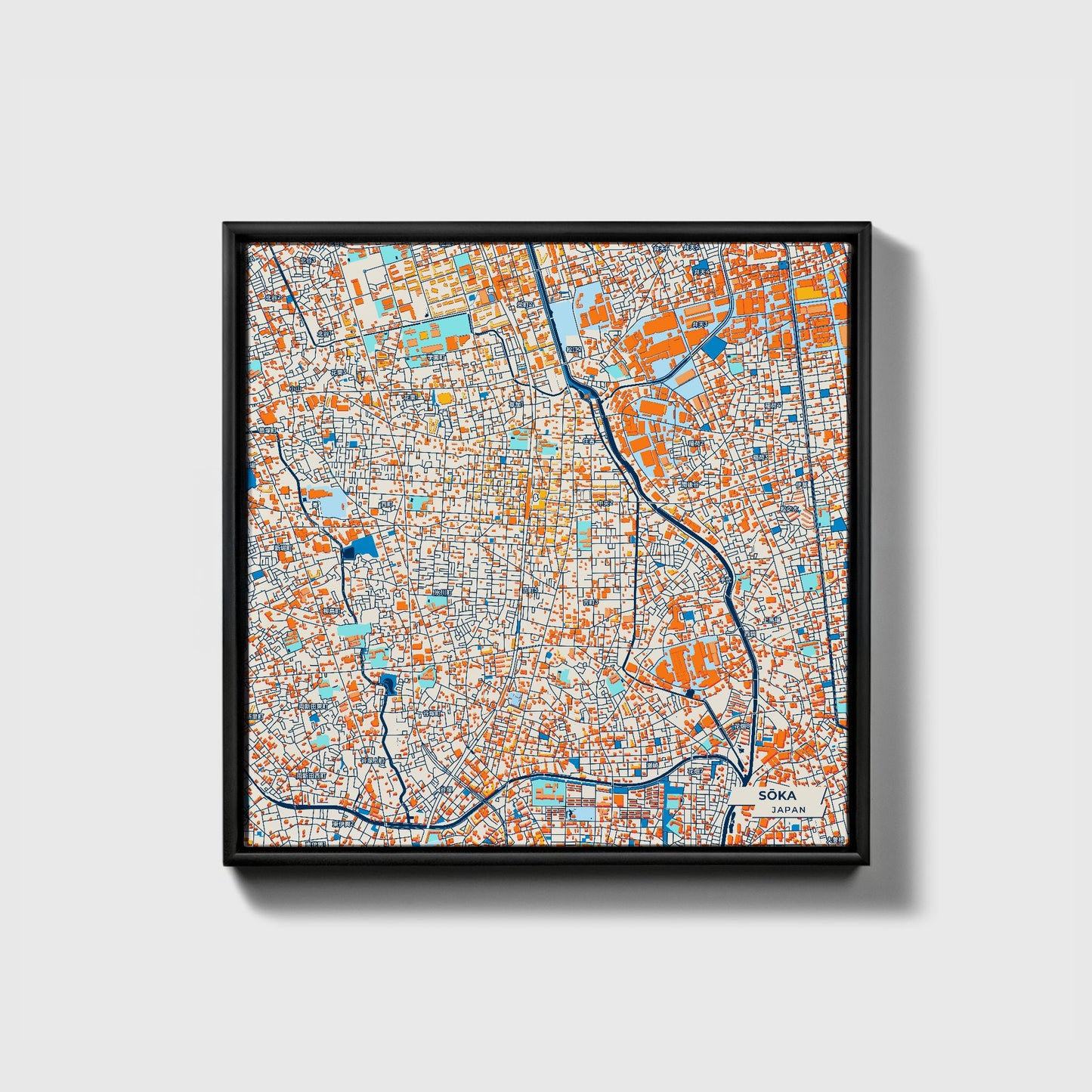 Sōka Japan Colorful City Map Canvas Print • Black Framed