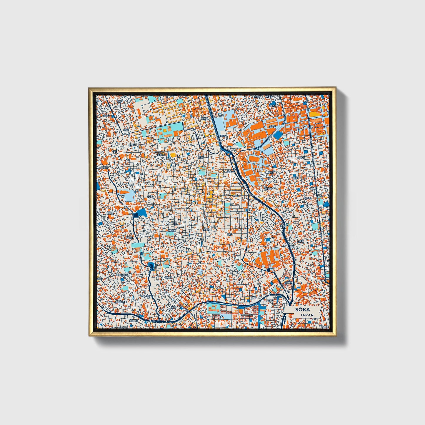 Sōka Japan Colorful City Map Canvas Print • Gold Framed