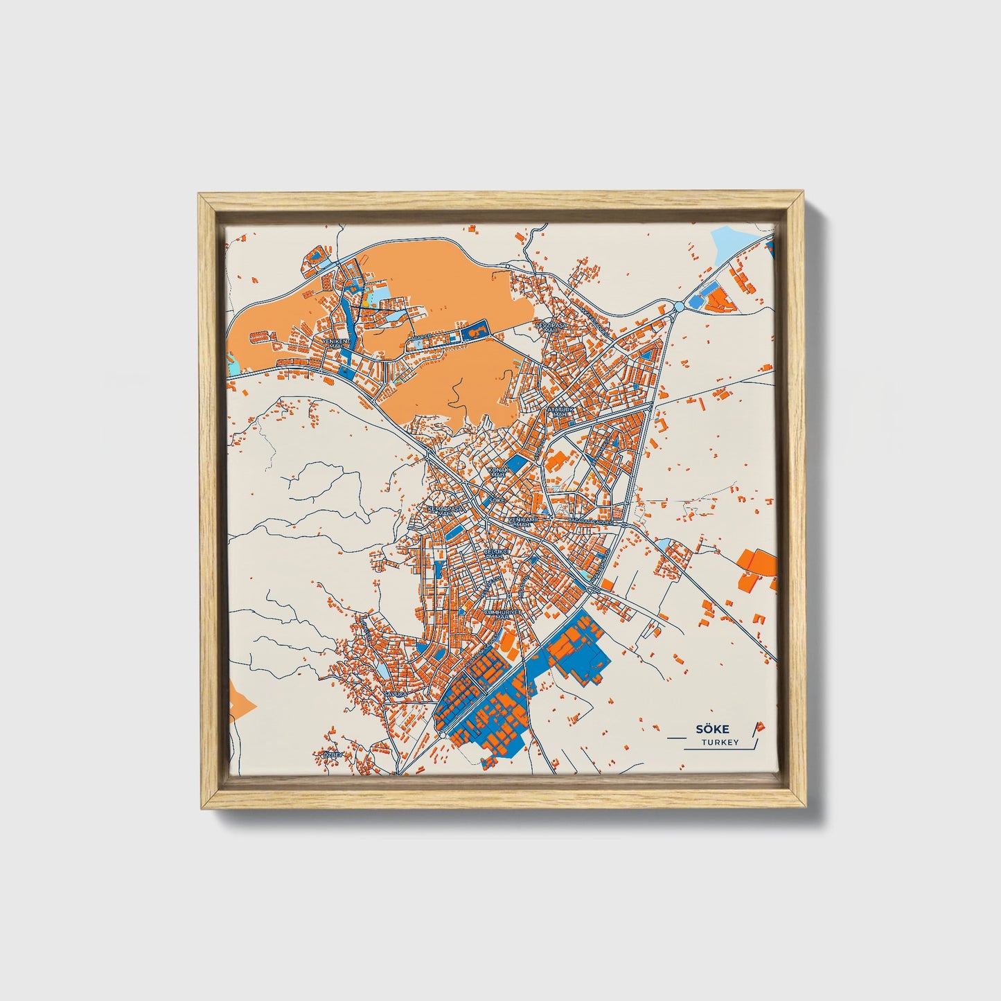 Söke Turkey Colorful City Map Canvas Print • Natural Wooden Framed