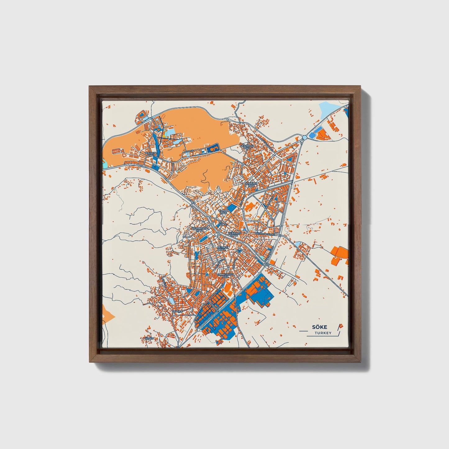 Söke Turkey Colorful City Map Canvas Print • Dark Wooden Framed