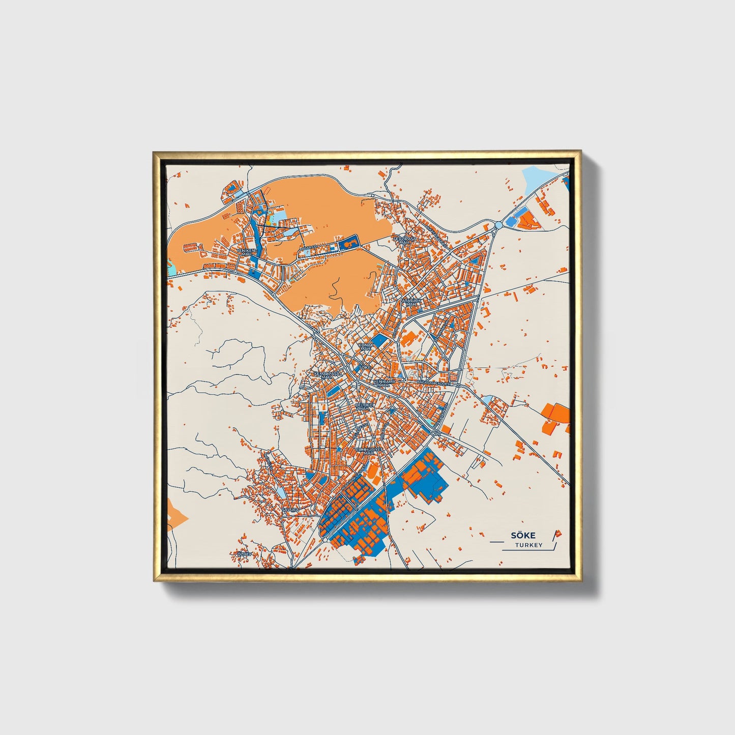 Söke Turkey Colorful City Map Canvas Print • Gold Framed