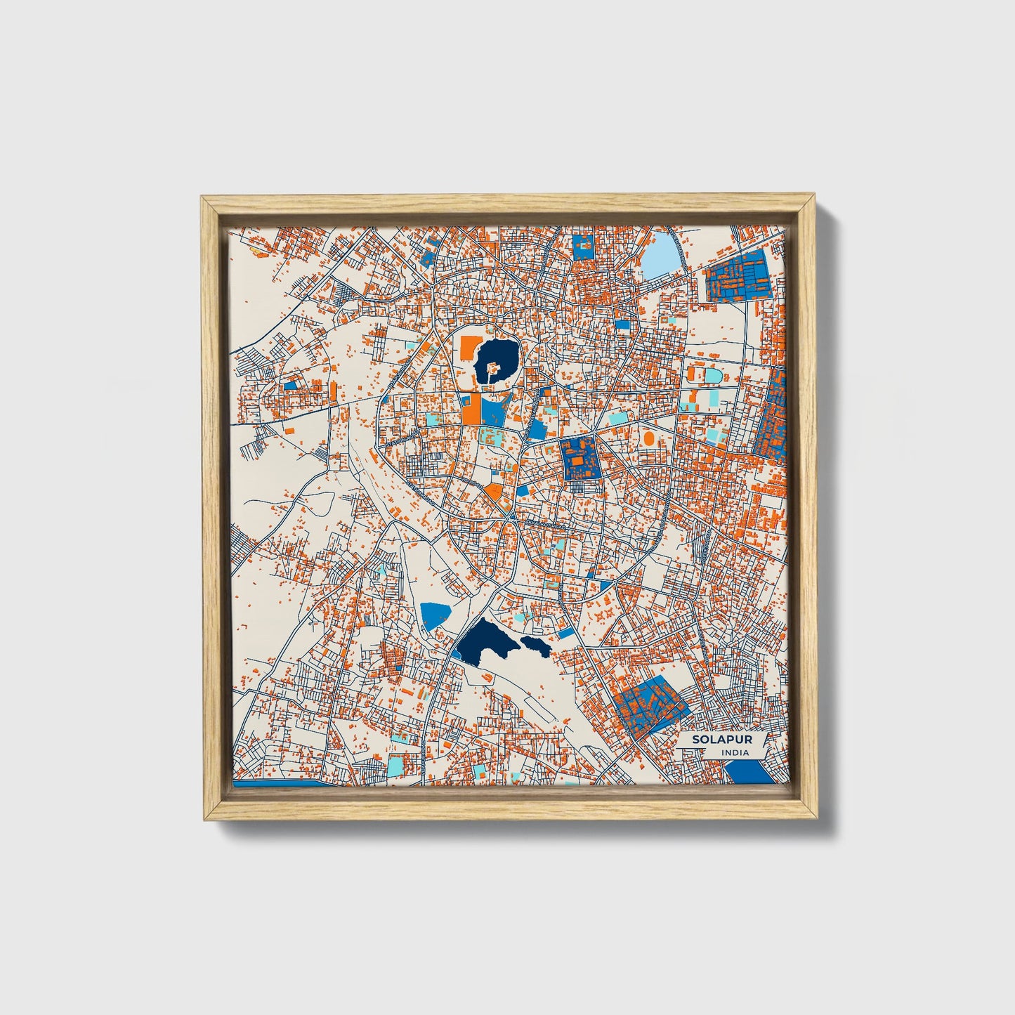 Solapur India Colorful City Map Canvas Print • Natural Wooden Framed