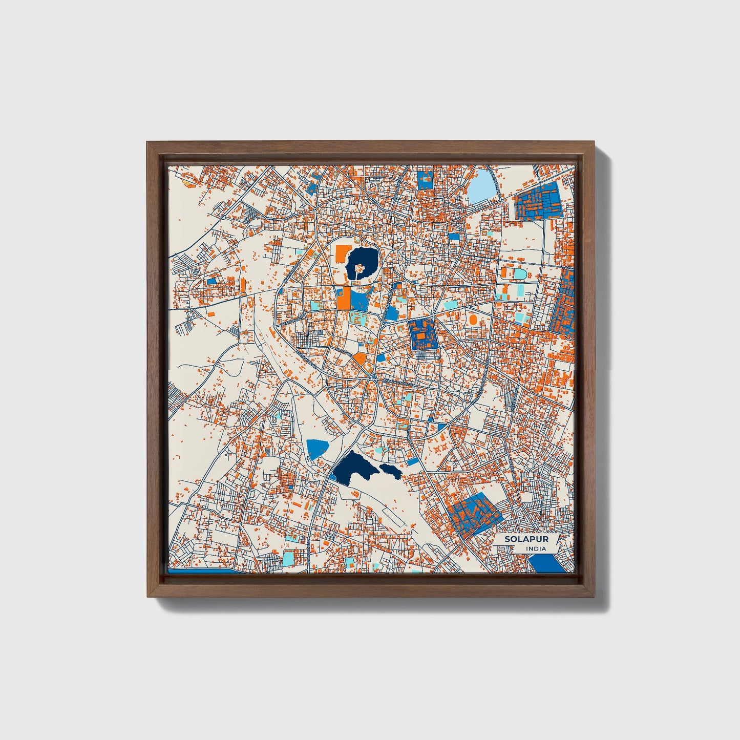 Solapur India Colorful City Map Canvas Print • Dark Wooden Framed