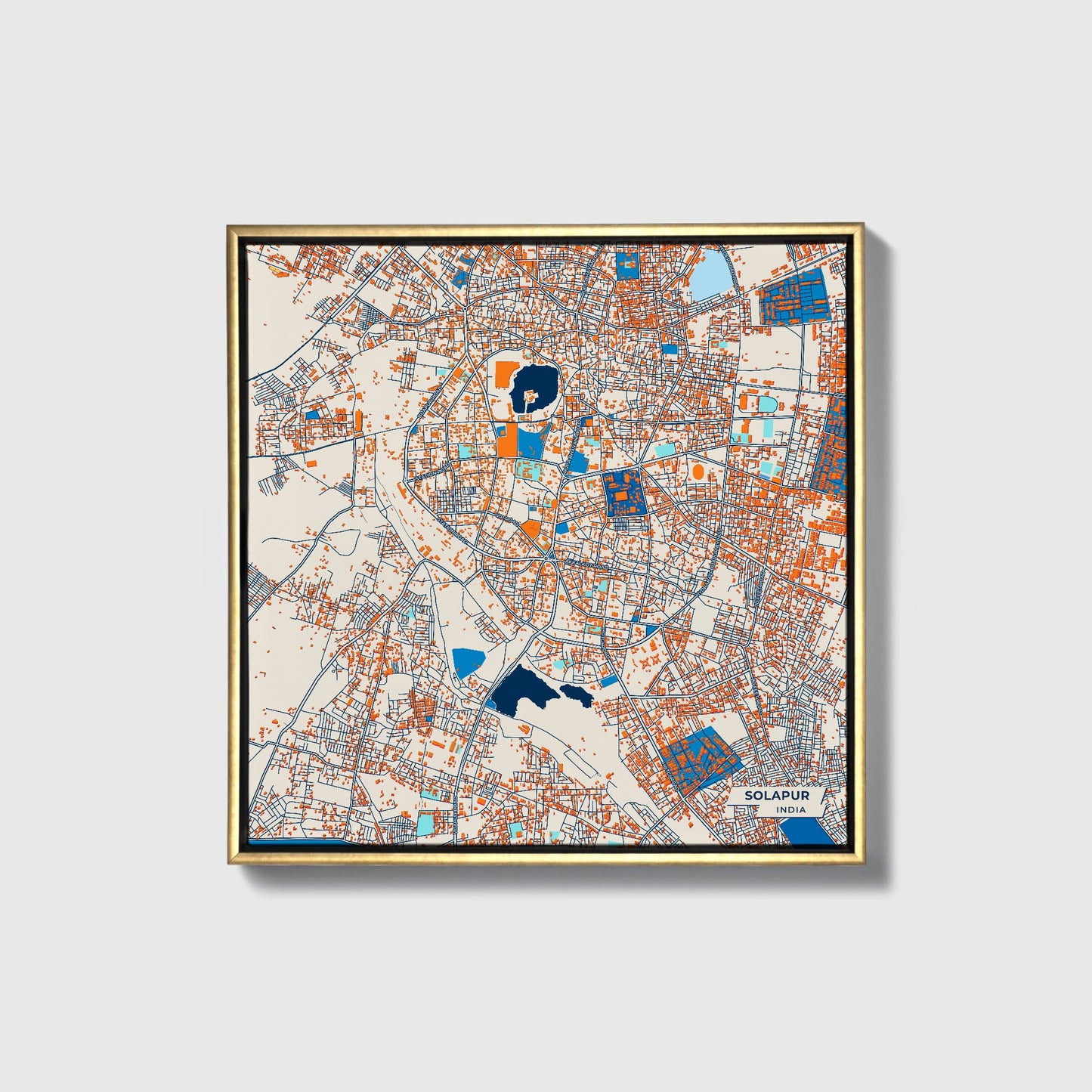 Solapur India Colorful City Map Canvas Print • Gold Framed