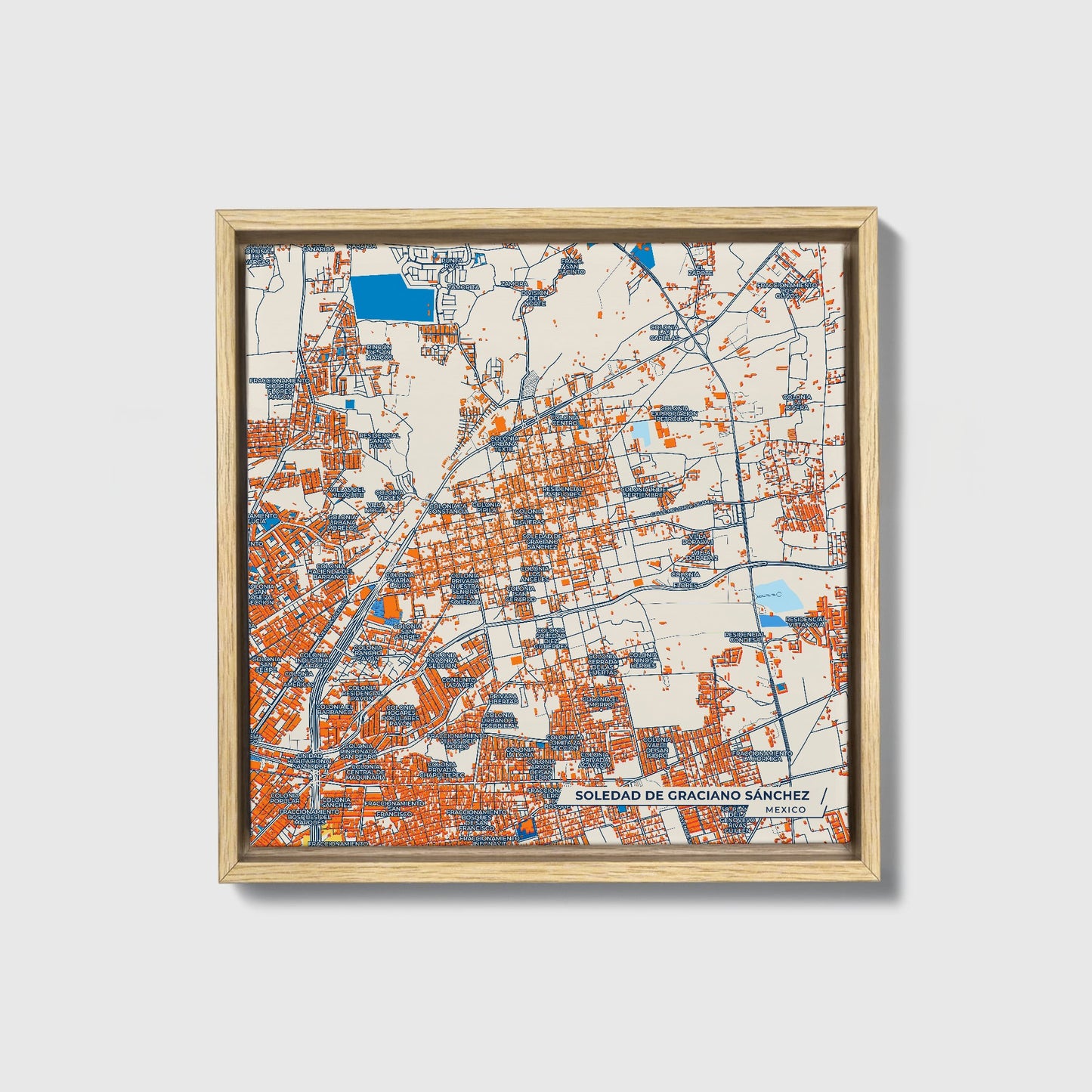 Soledad De Graciano Sánchez Mexico Colorful City Map Canvas Print • Natural Wooden Framed