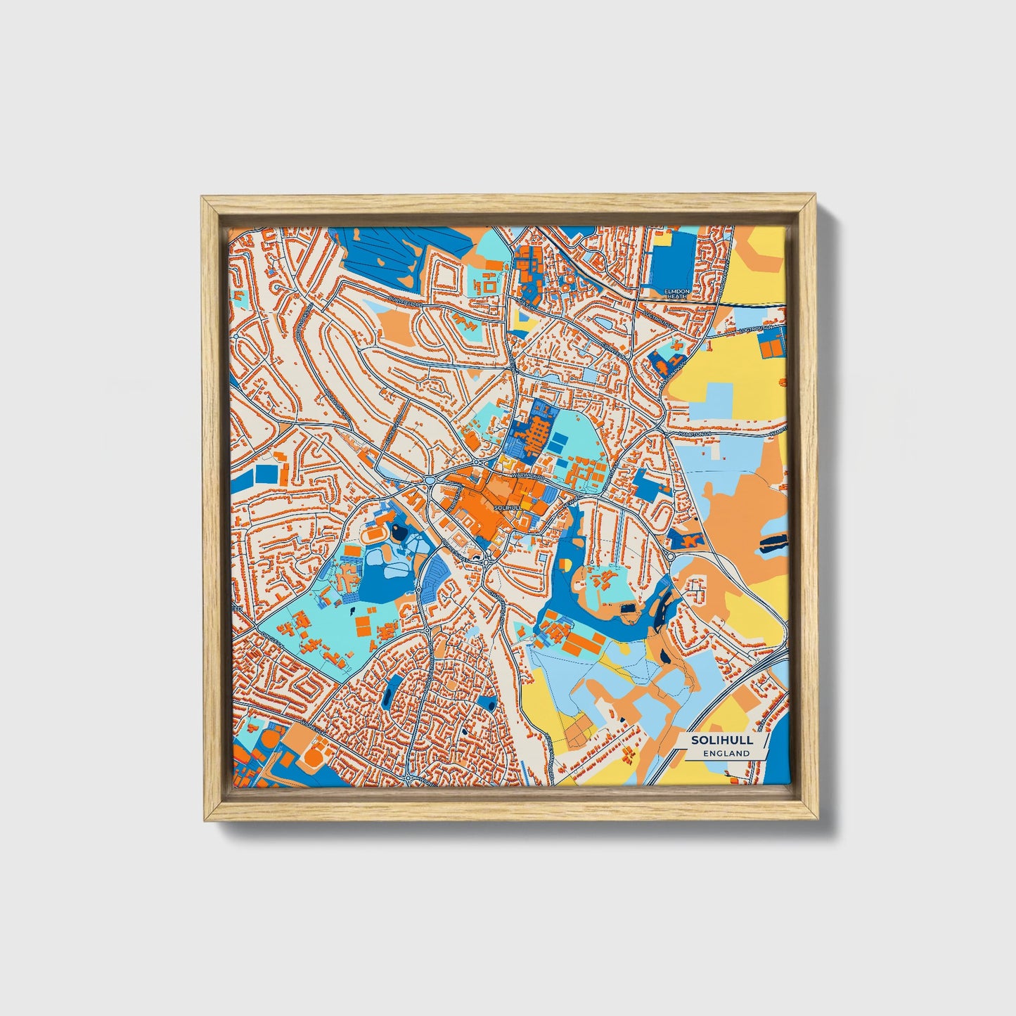 Solihull England Colorful City Map Canvas Print • Natural Wooden Framed
