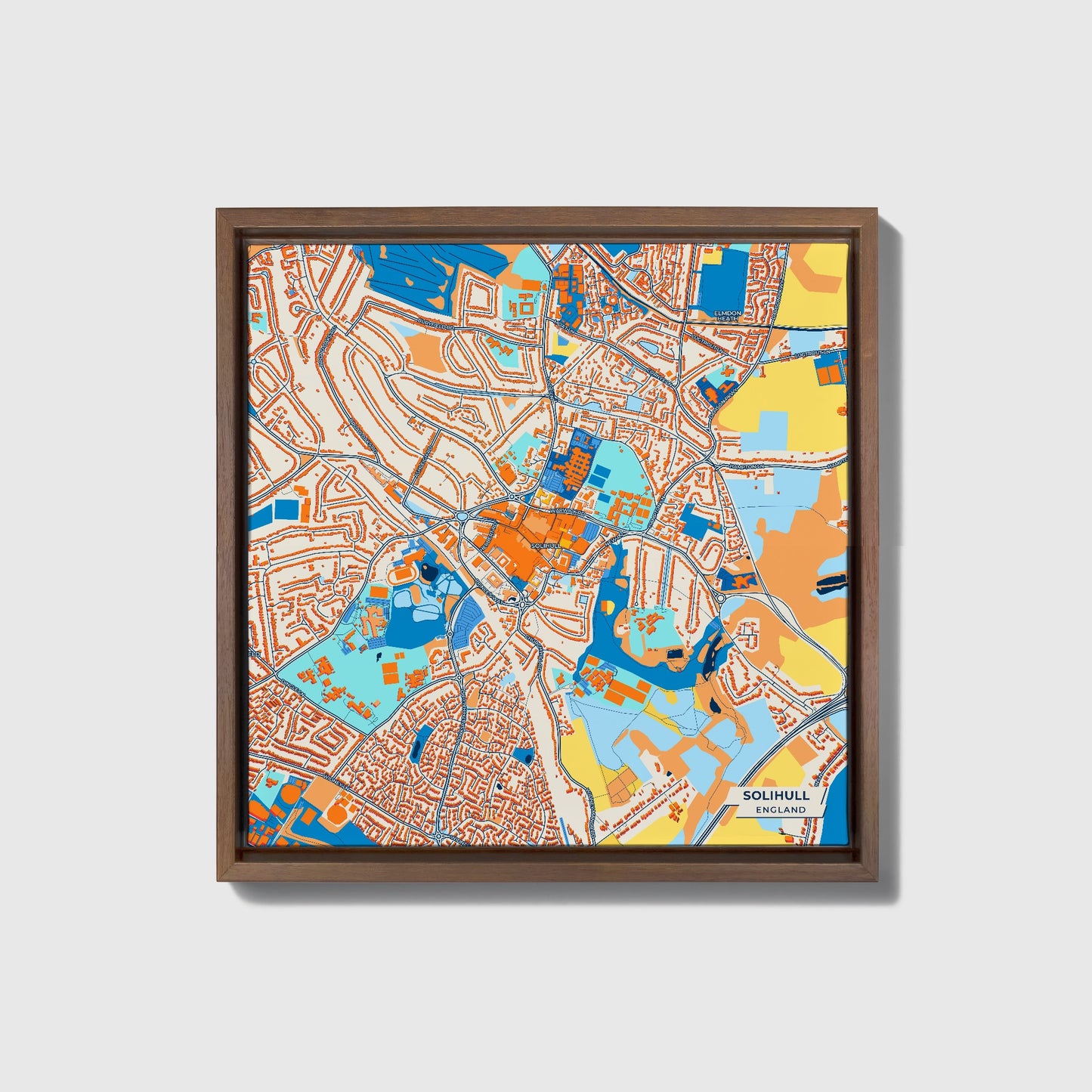 Solihull England Colorful City Map Canvas Print • Dark Wooden Framed