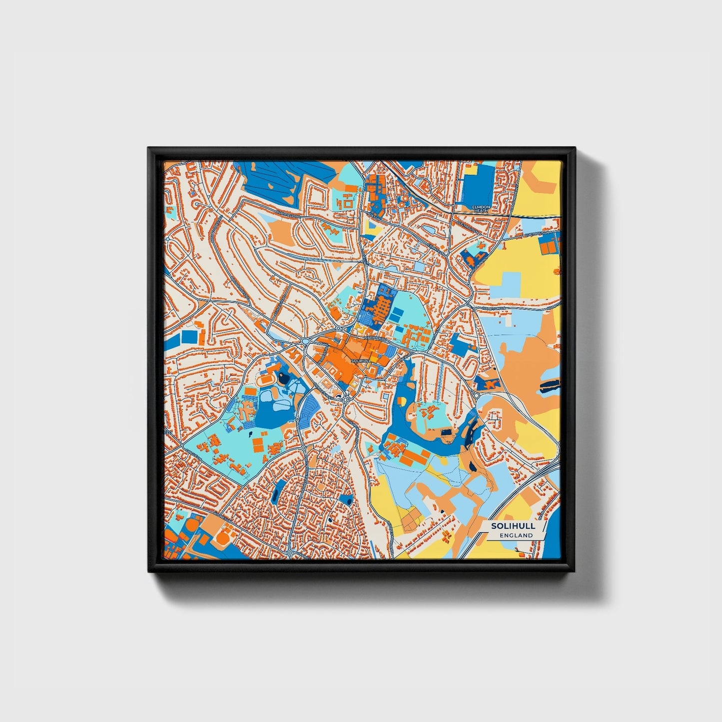 Solihull England Colorful City Map Canvas Print • Black Framed