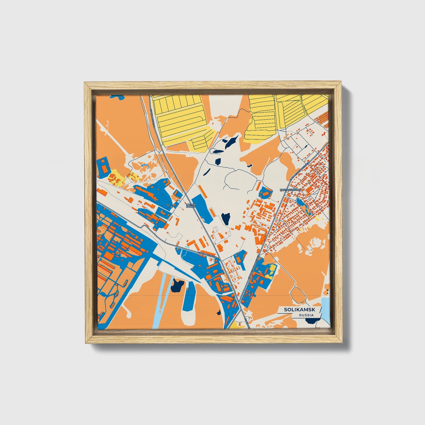 Соликамск Russia Colorful City Map Canvas Print • Natural Wooden Framed