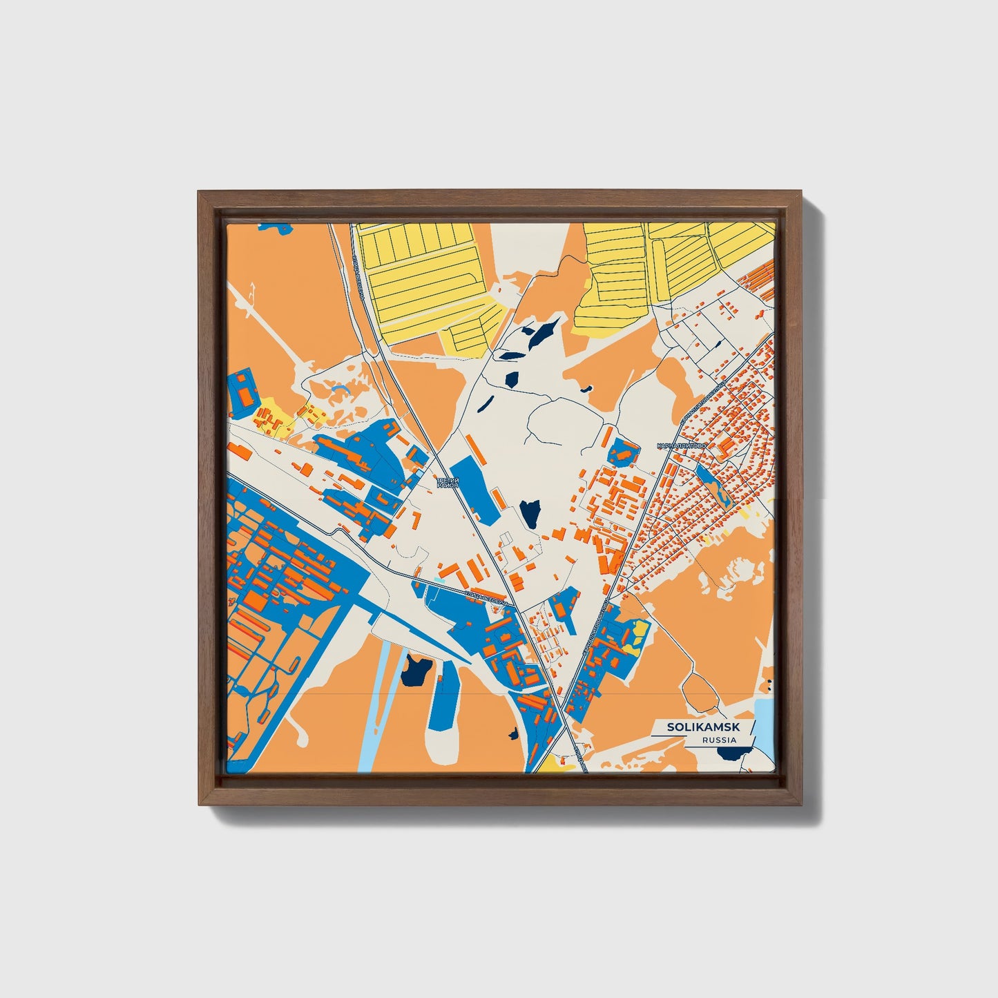 Соликамск Russia Colorful City Map Canvas Print • Dark Wooden Framed