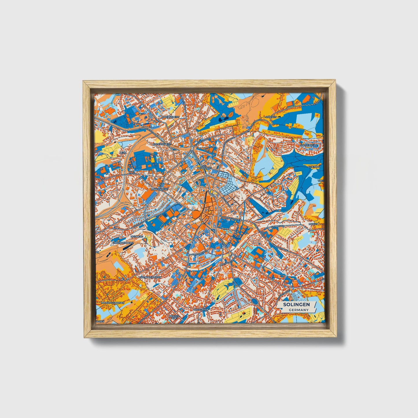 Solingen Germany Colorful City Map Canvas Print • Natural Wooden Framed