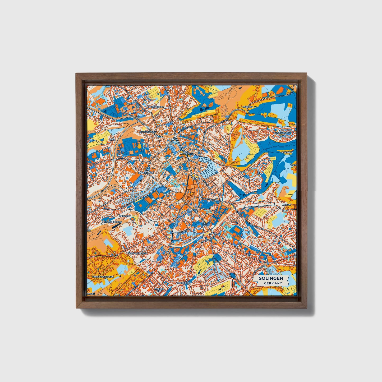 Solingen Germany Colorful City Map Canvas Print • Dark Wooden Framed
