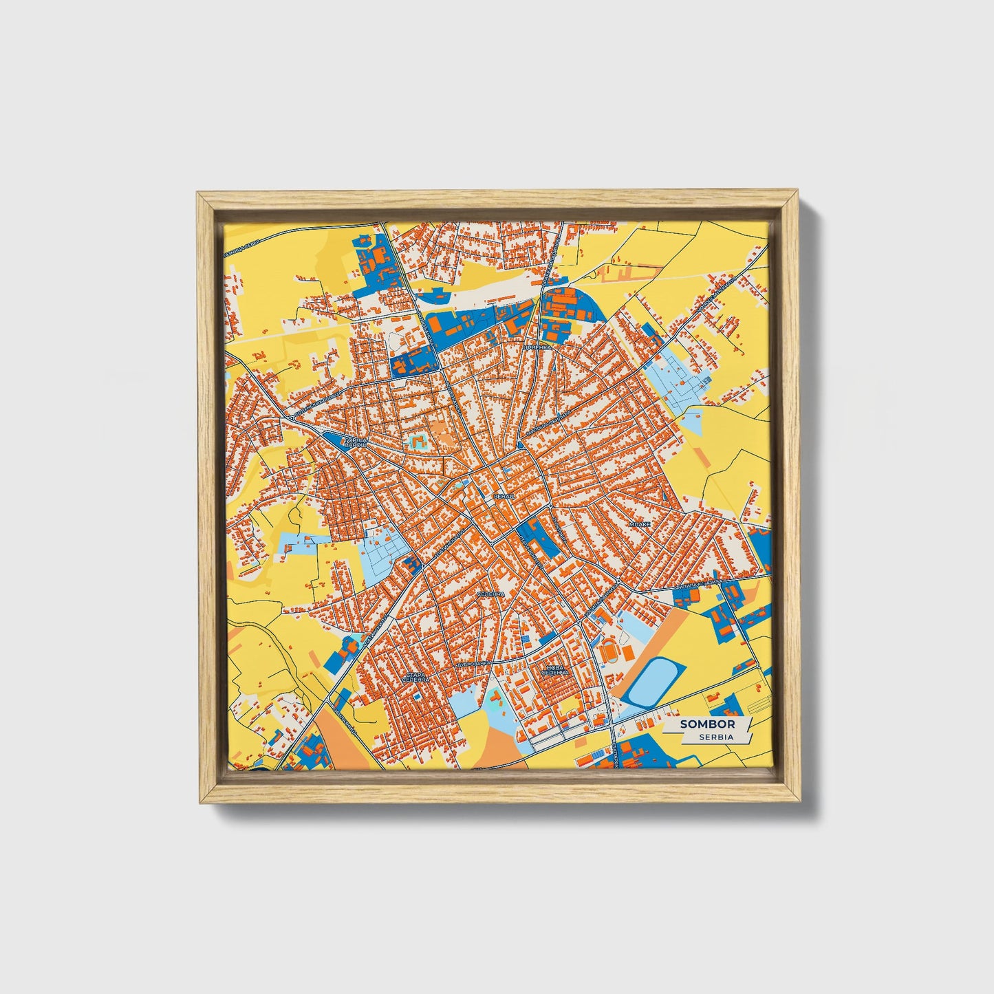 Сомбор Serbia Colorful City Map Canvas Print • Natural Wooden Framed