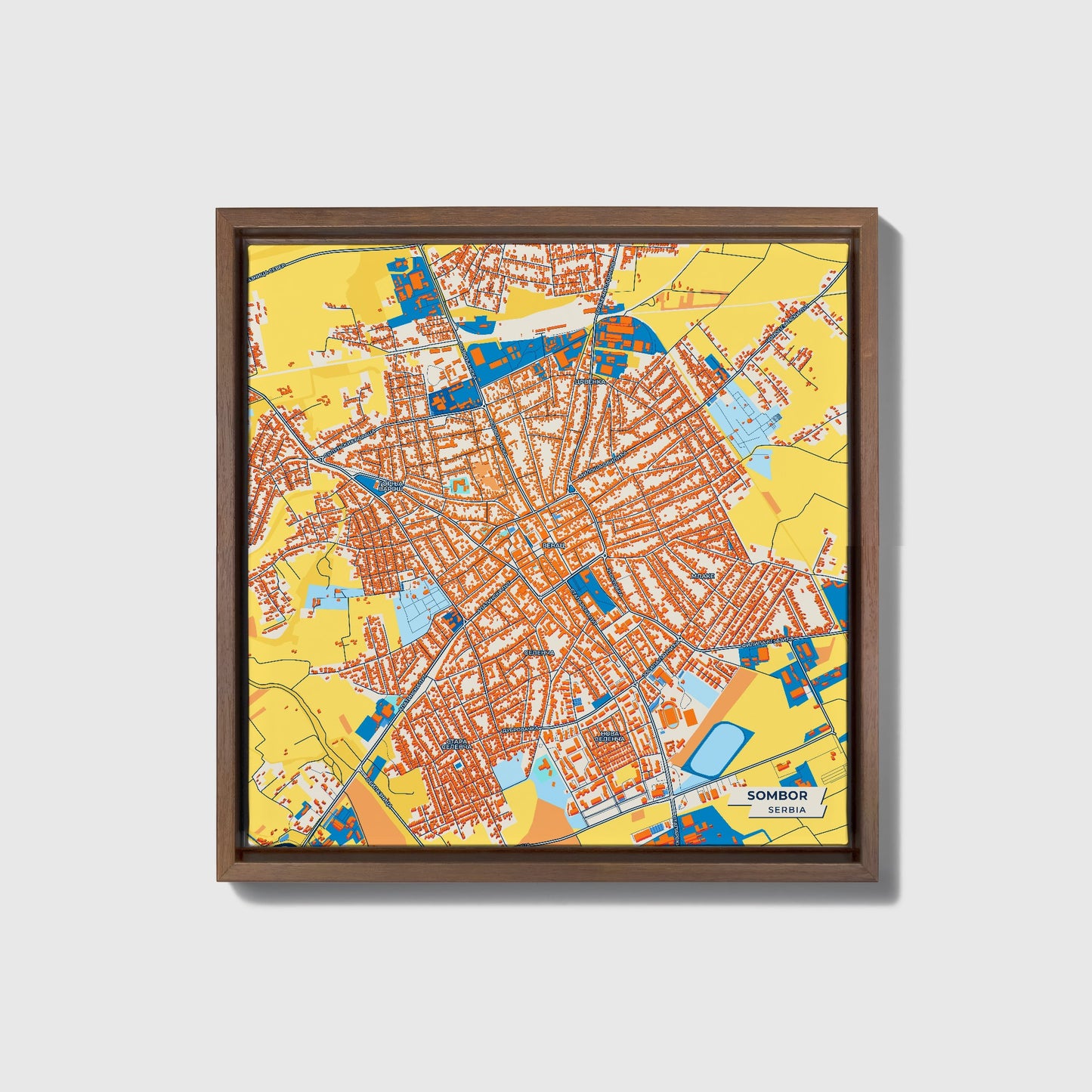Сомбор Serbia Colorful City Map Canvas Print • Dark Wooden Framed