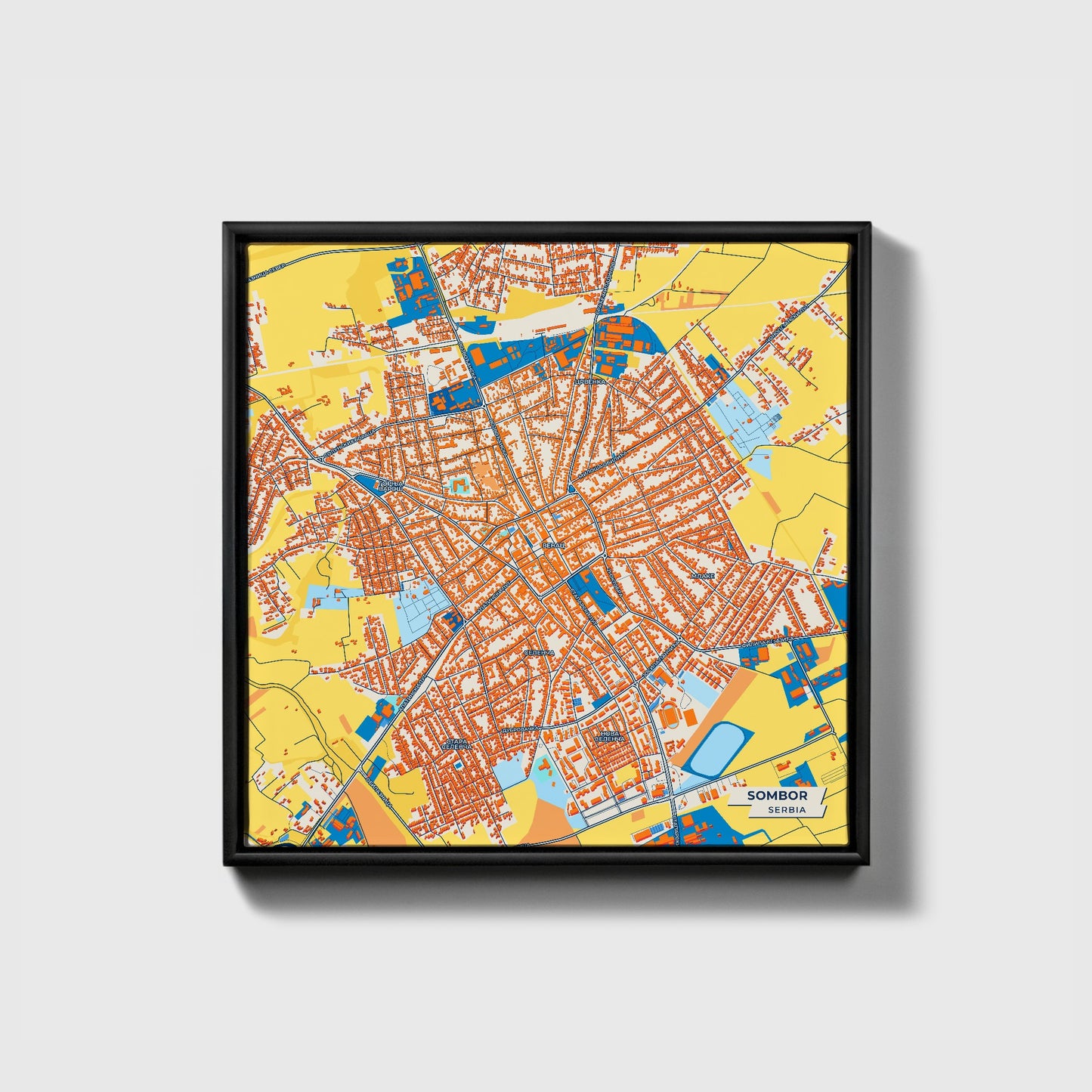 Сомбор Serbia Colorful City Map Canvas Print • Black Framed