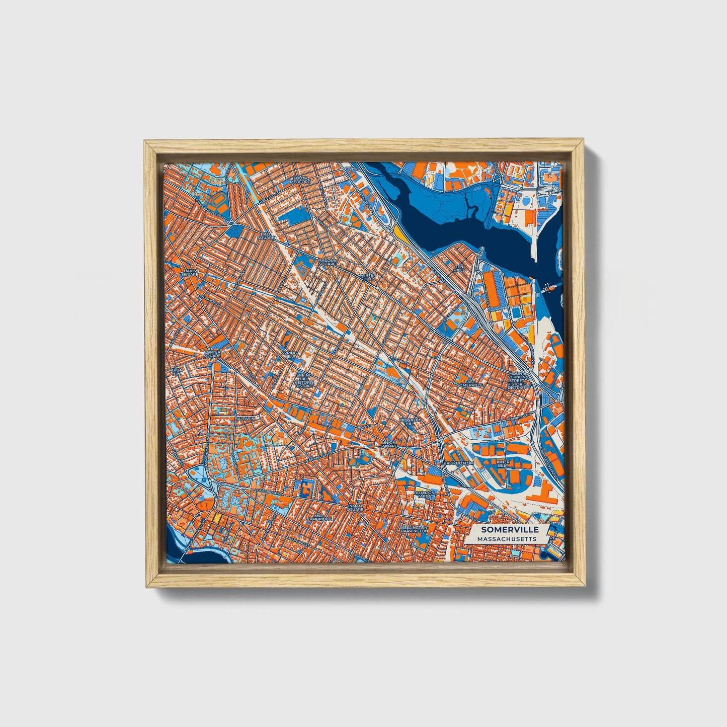Somerville Massachusetts Colorful City Map Canvas Print • Natural Wooden Framed