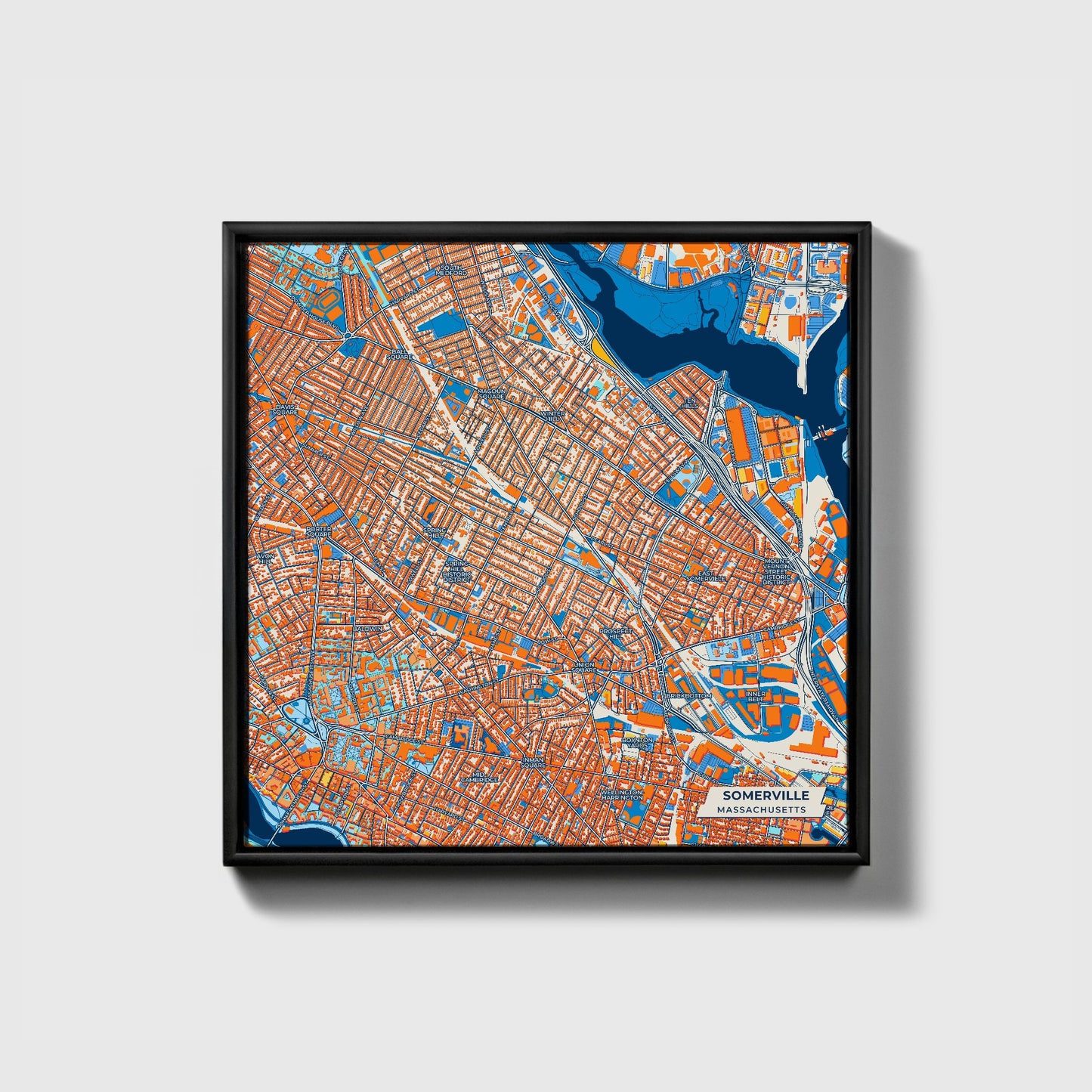 Somerville Massachusetts Colorful City Map Canvas Print • Black Framed