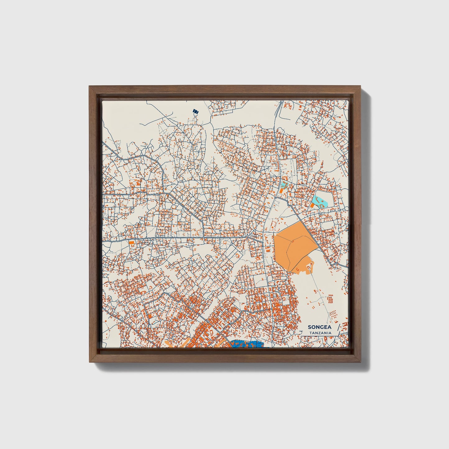 Songea Tanzania Colorful City Map Canvas Print • Dark Wooden Framed