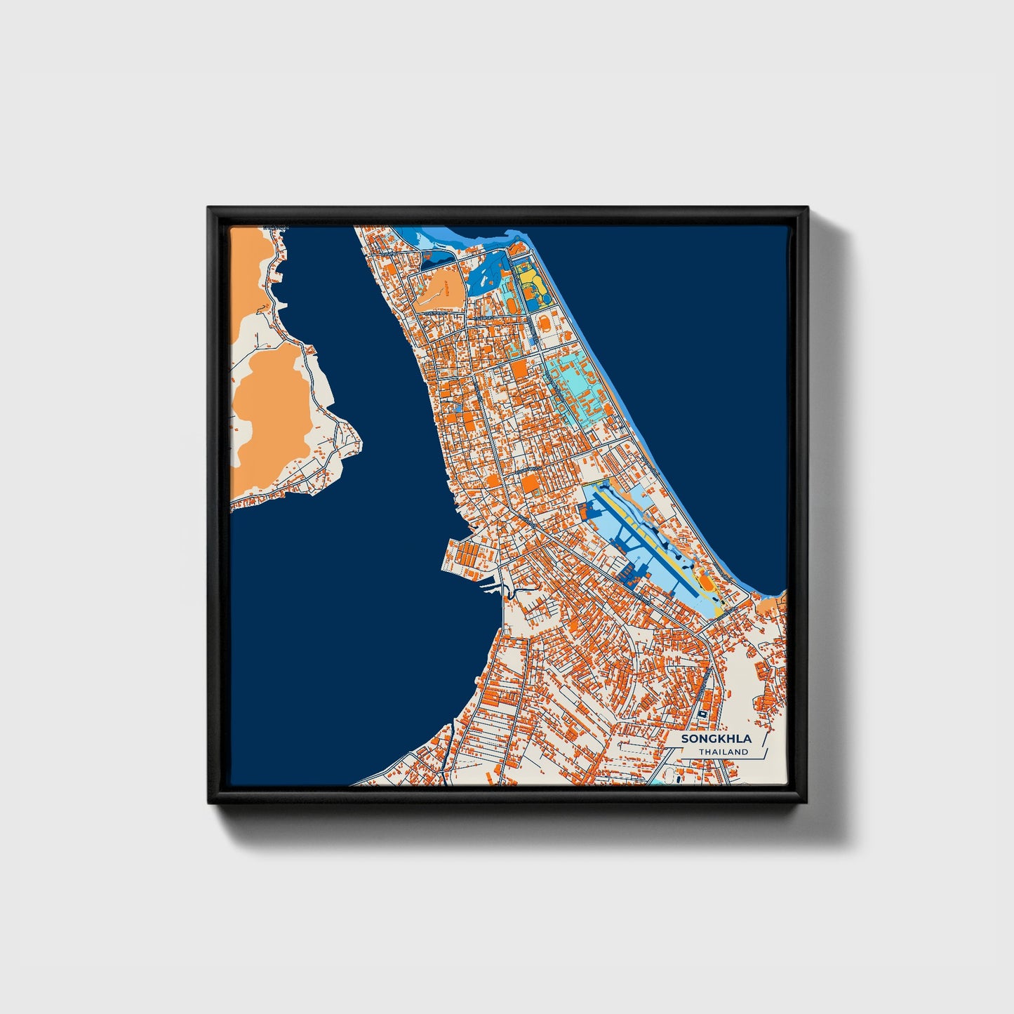 Songkhla Thailand Colorful City Map Canvas Print • Black Framed
