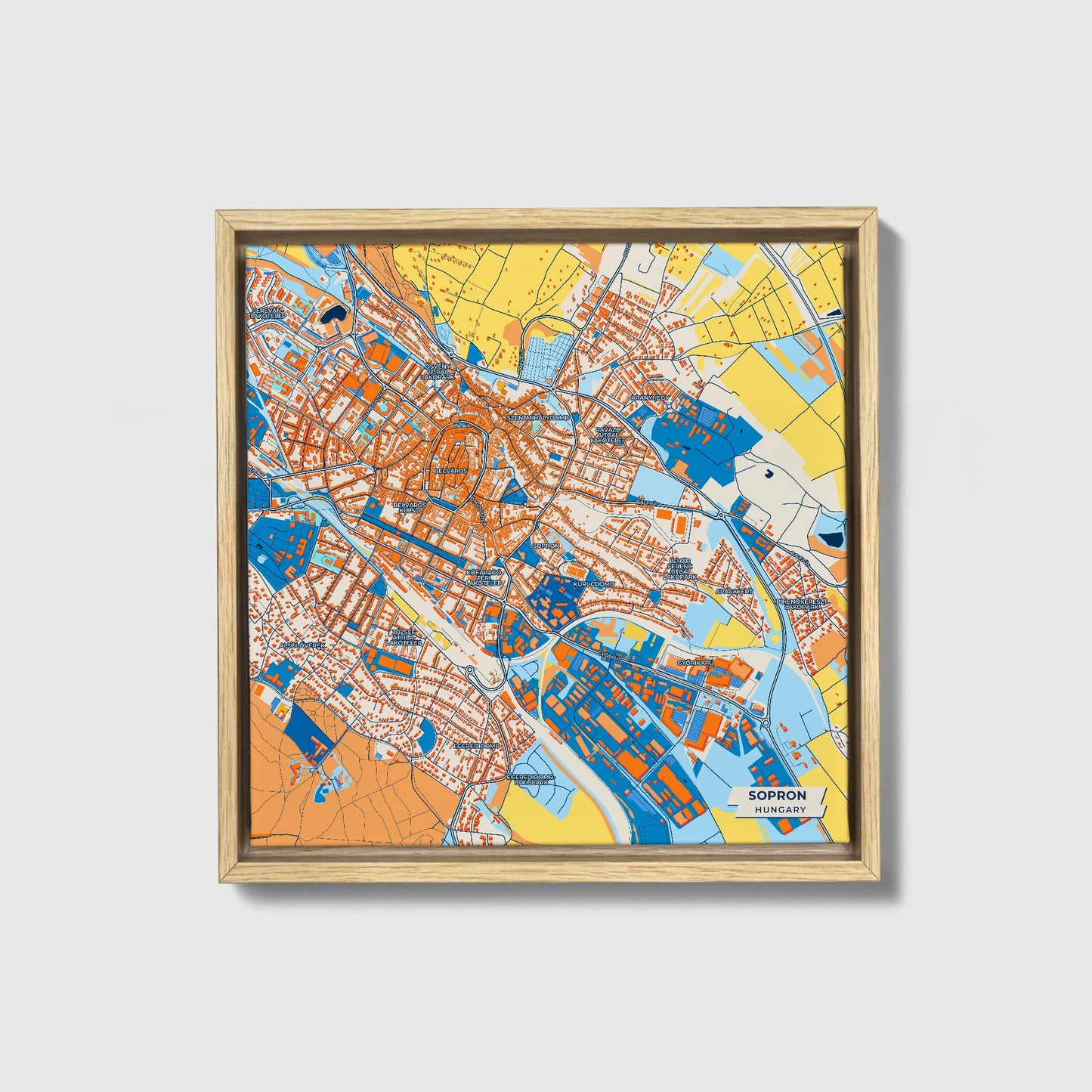 Sopron Hungary Colorful City Map Canvas Print • Natural Wooden Framed