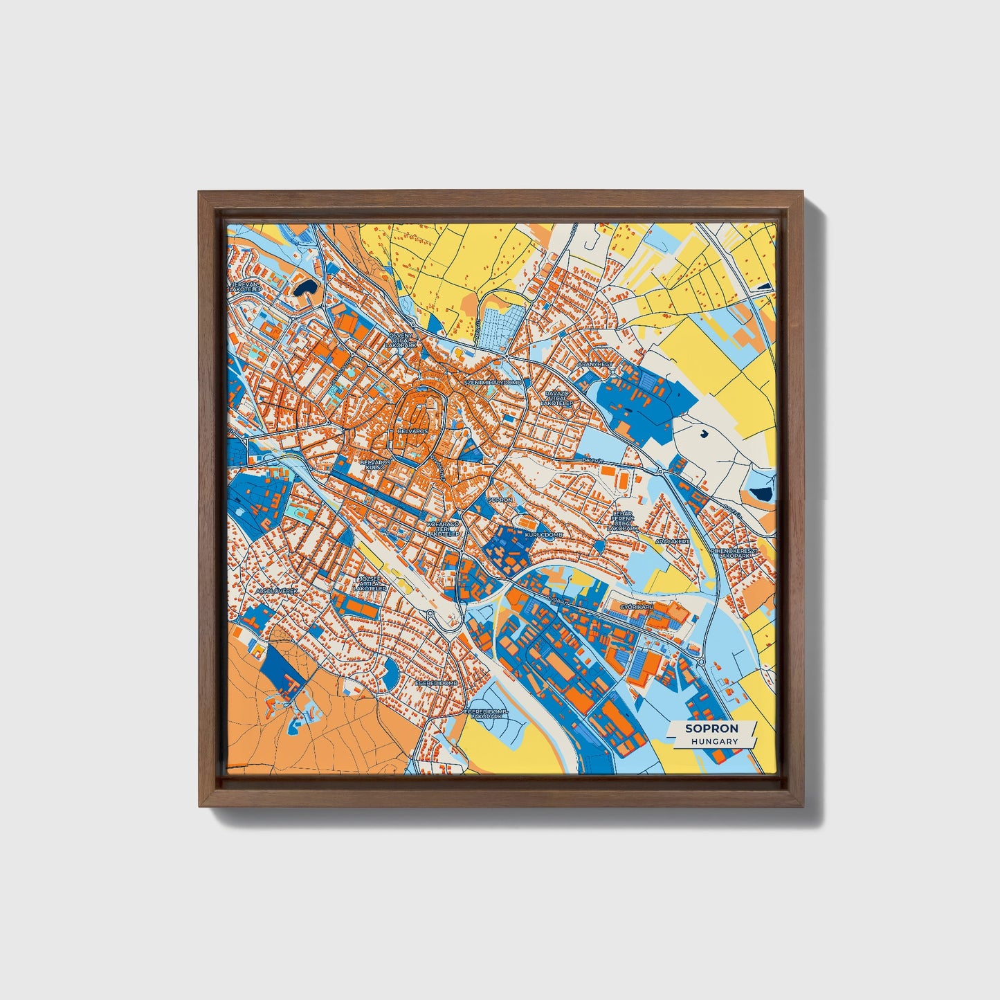 Sopron Hungary Colorful City Map Canvas Print • Dark Wooden Framed