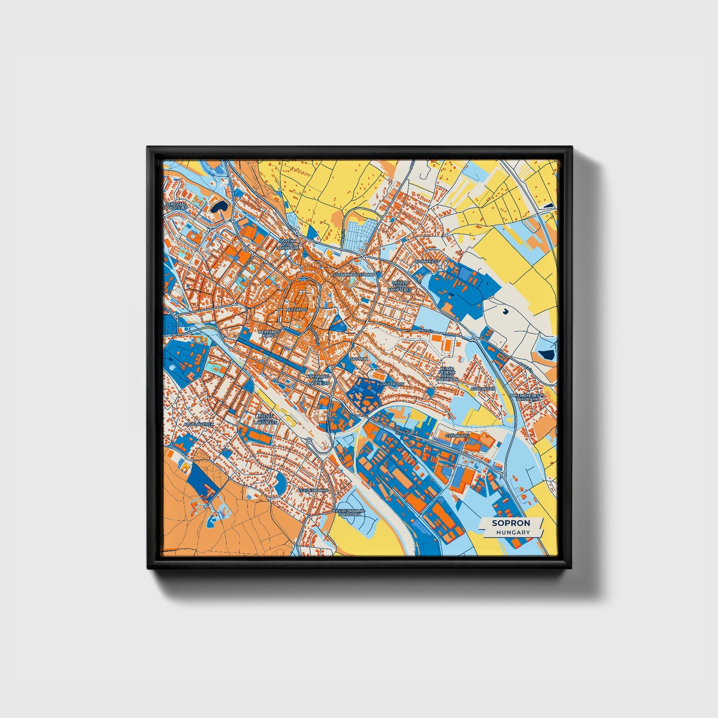 Sopron Hungary Colorful City Map Canvas Print • Black Framed