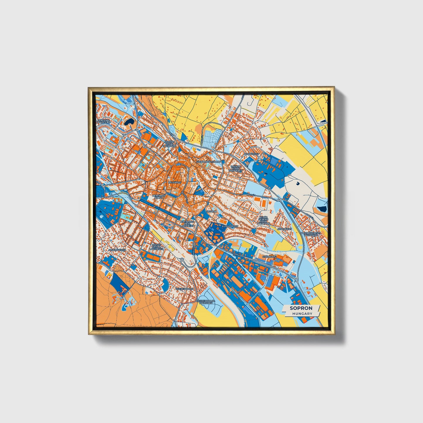 Sopron Hungary Colorful City Map Canvas Print • Gold Framed