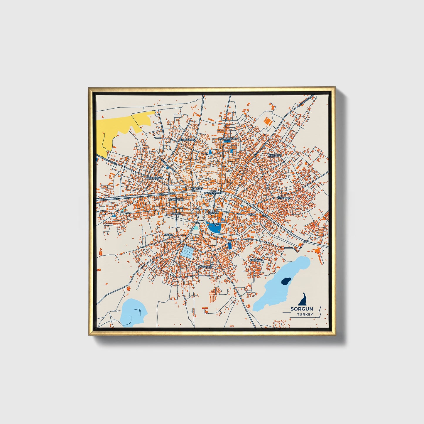 Sorgun Turkey Colorful City Map Canvas Print • Gold Framed