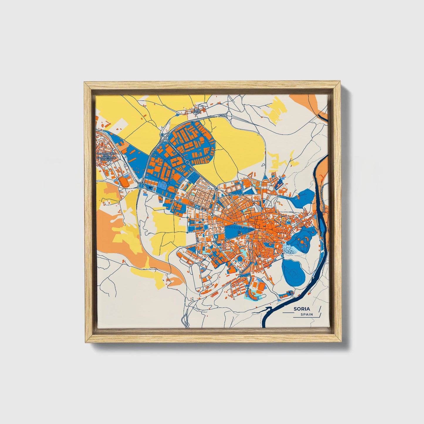 Soria Spain Colorful City Map Canvas Print • Natural Wooden Framed
