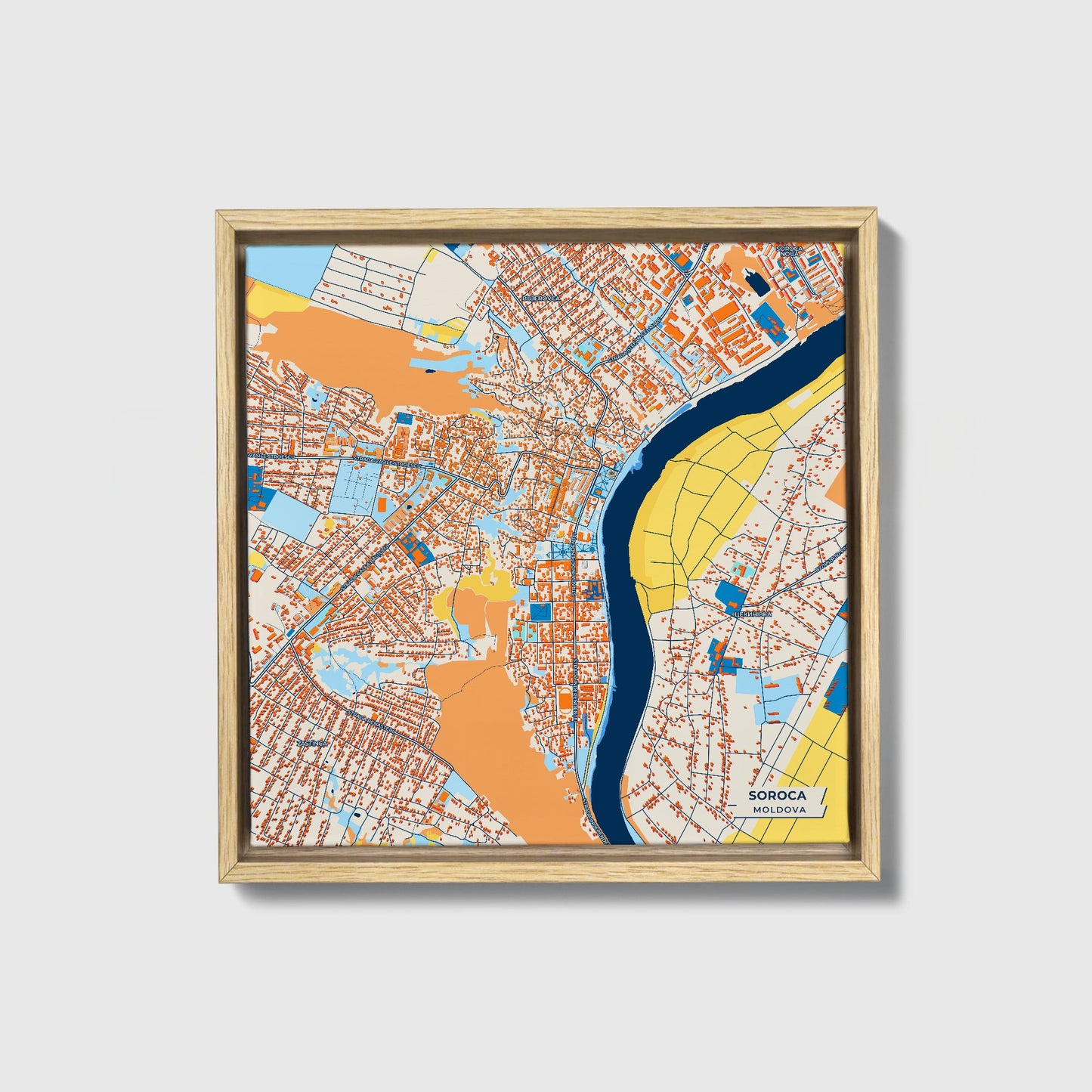 Soroca Moldova Colorful City Map Canvas Print • Natural Wooden Framed