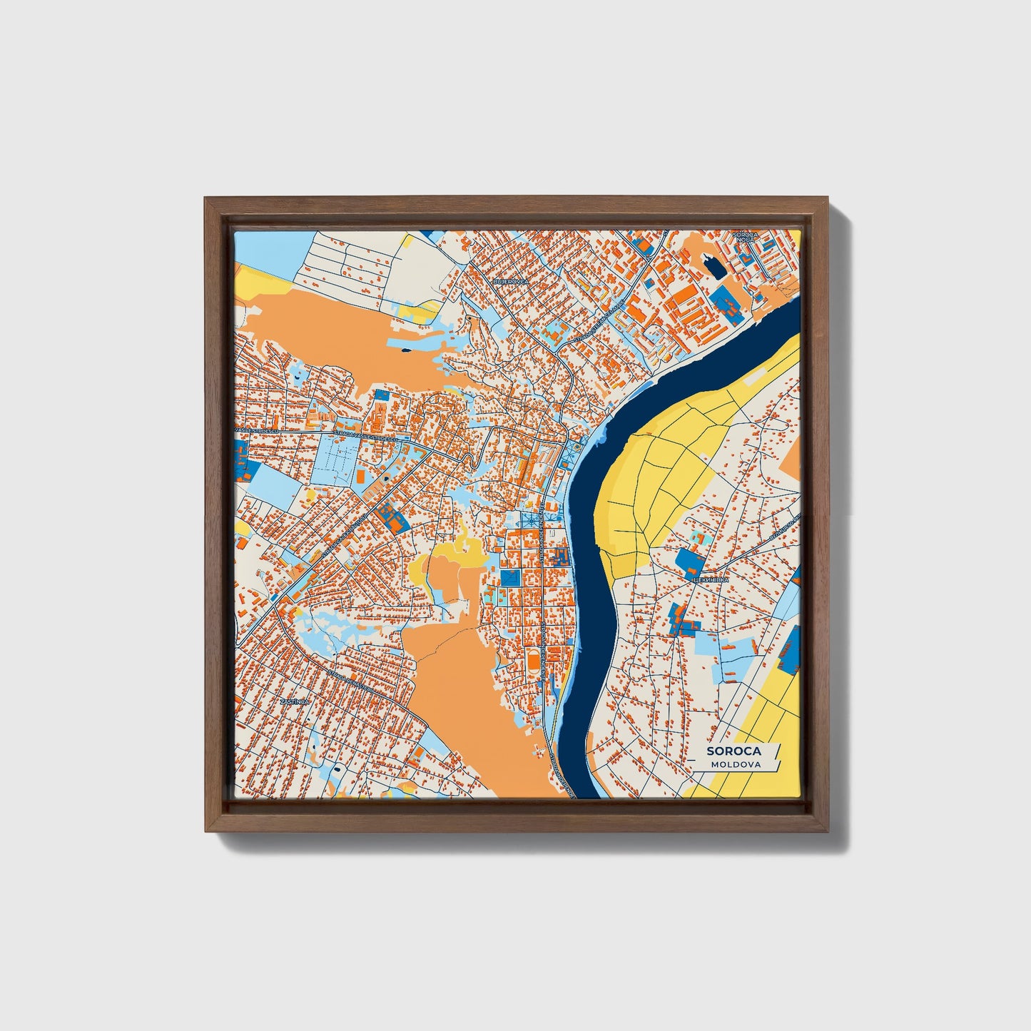 Soroca Moldova Colorful City Map Canvas Print • Dark Wooden Framed