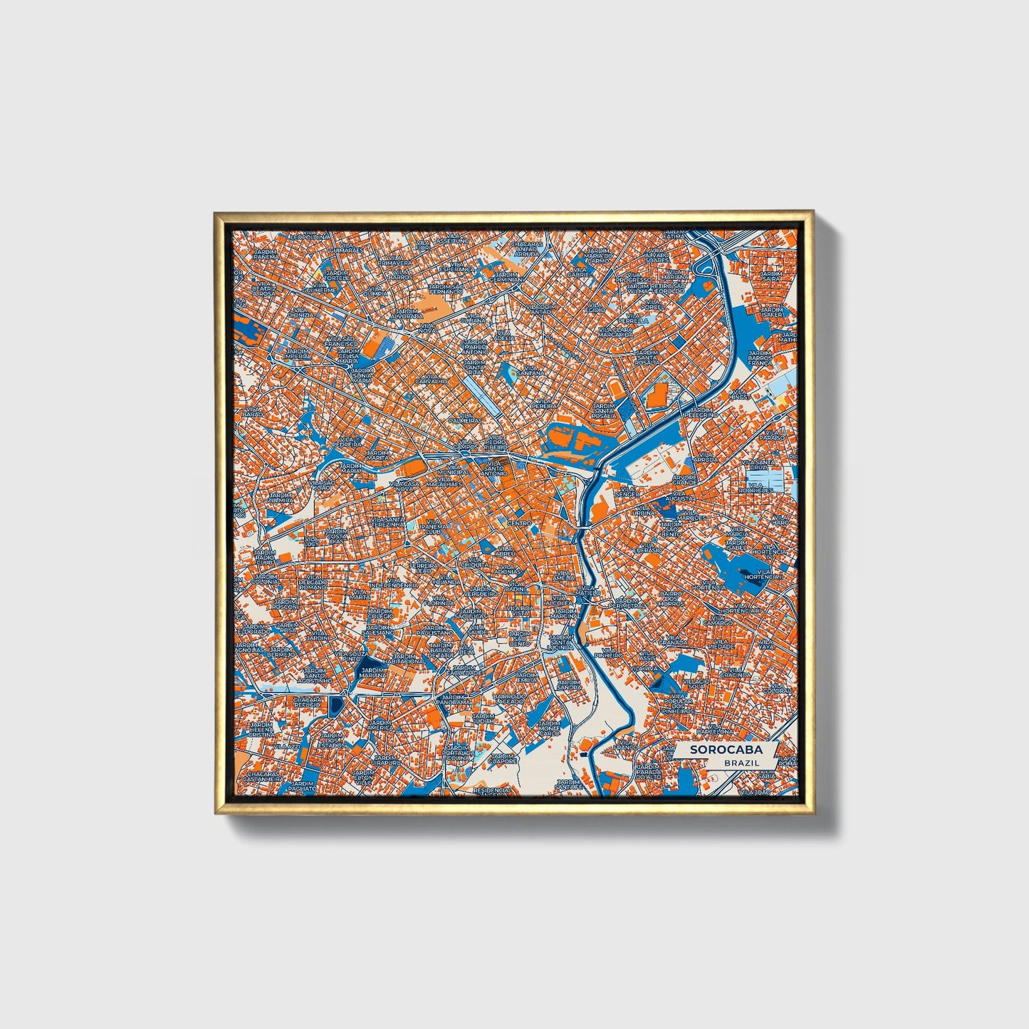 Sorocaba Brazil Colorful City Map Canvas Print • Gold Framed