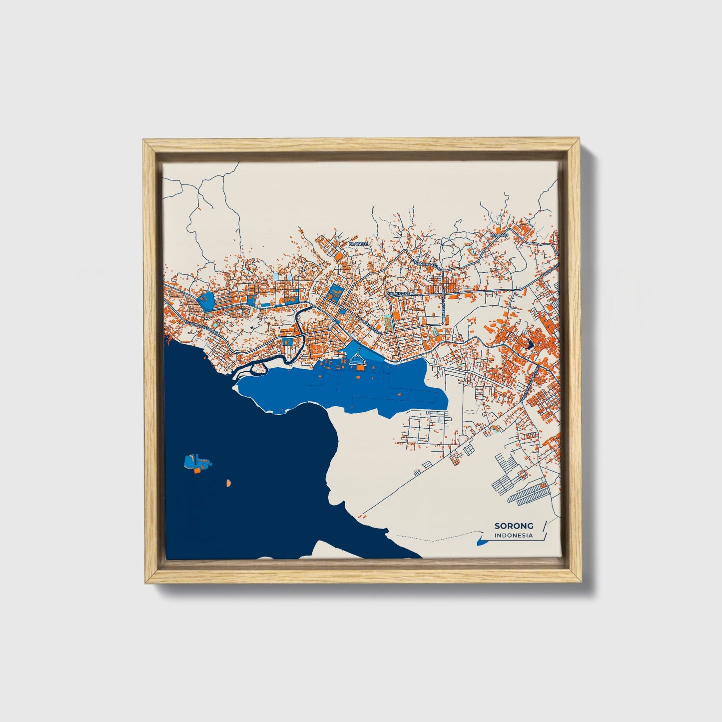Sorong Indonesia Colorful City Map Canvas Print • Natural Wooden Framed
