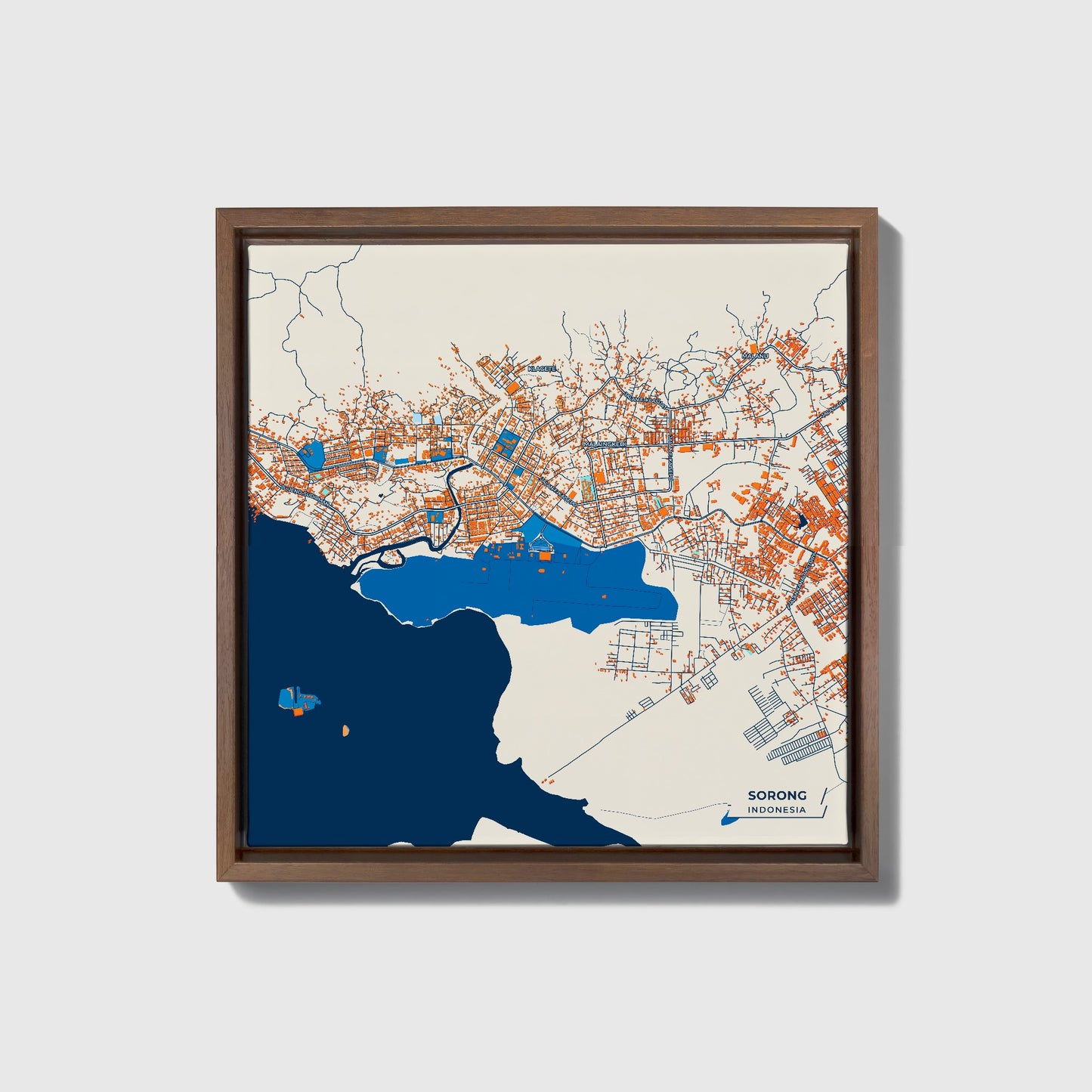 Sorong Indonesia Colorful City Map Canvas Print • Dark Wooden Framed