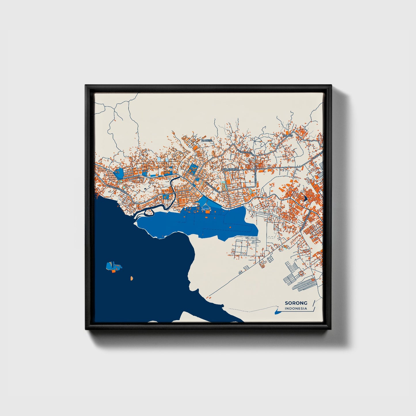 Sorong Indonesia Colorful City Map Canvas Print • Black Framed