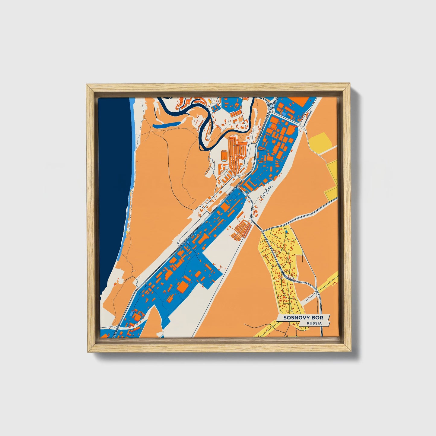 Сосновый Бор Russia Colorful City Map Canvas Print • Natural Wooden Framed
