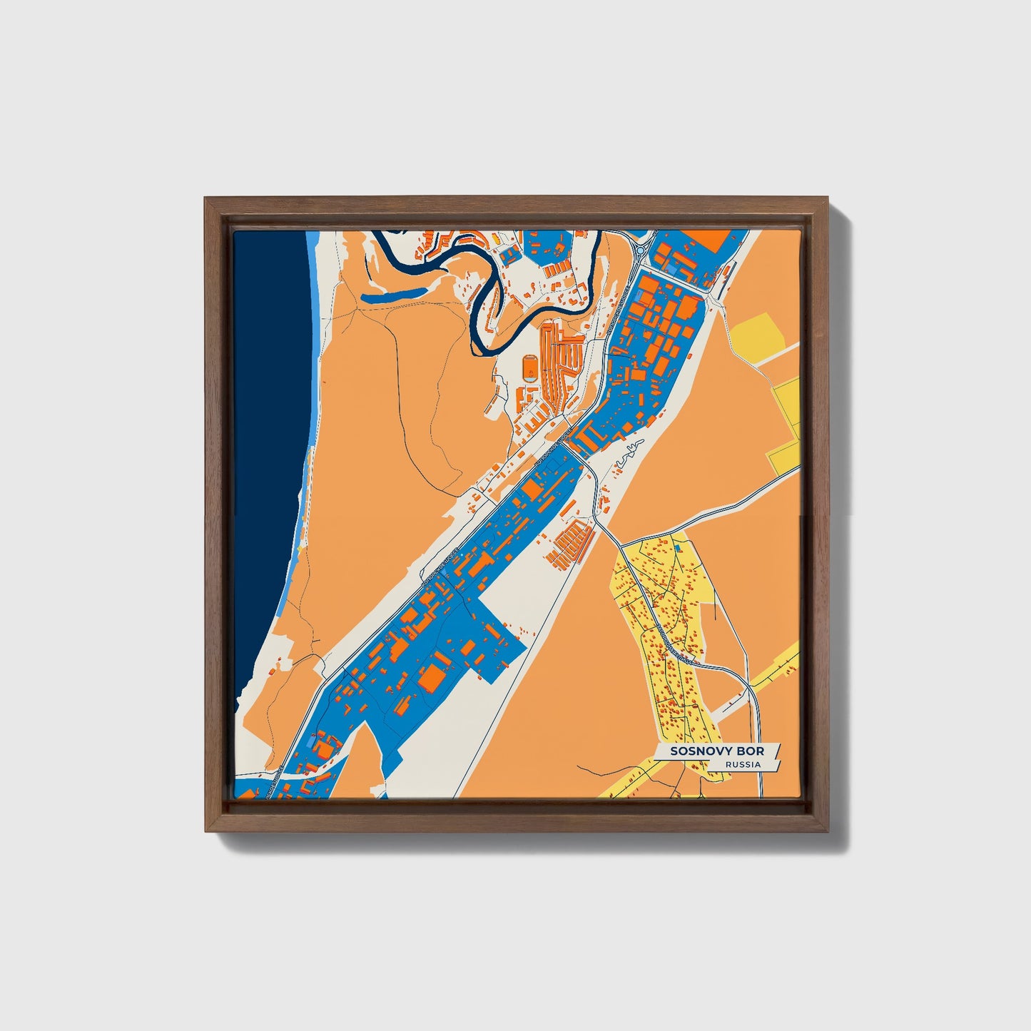 Сосновый Бор Russia Colorful City Map Canvas Print • Dark Wooden Framed
