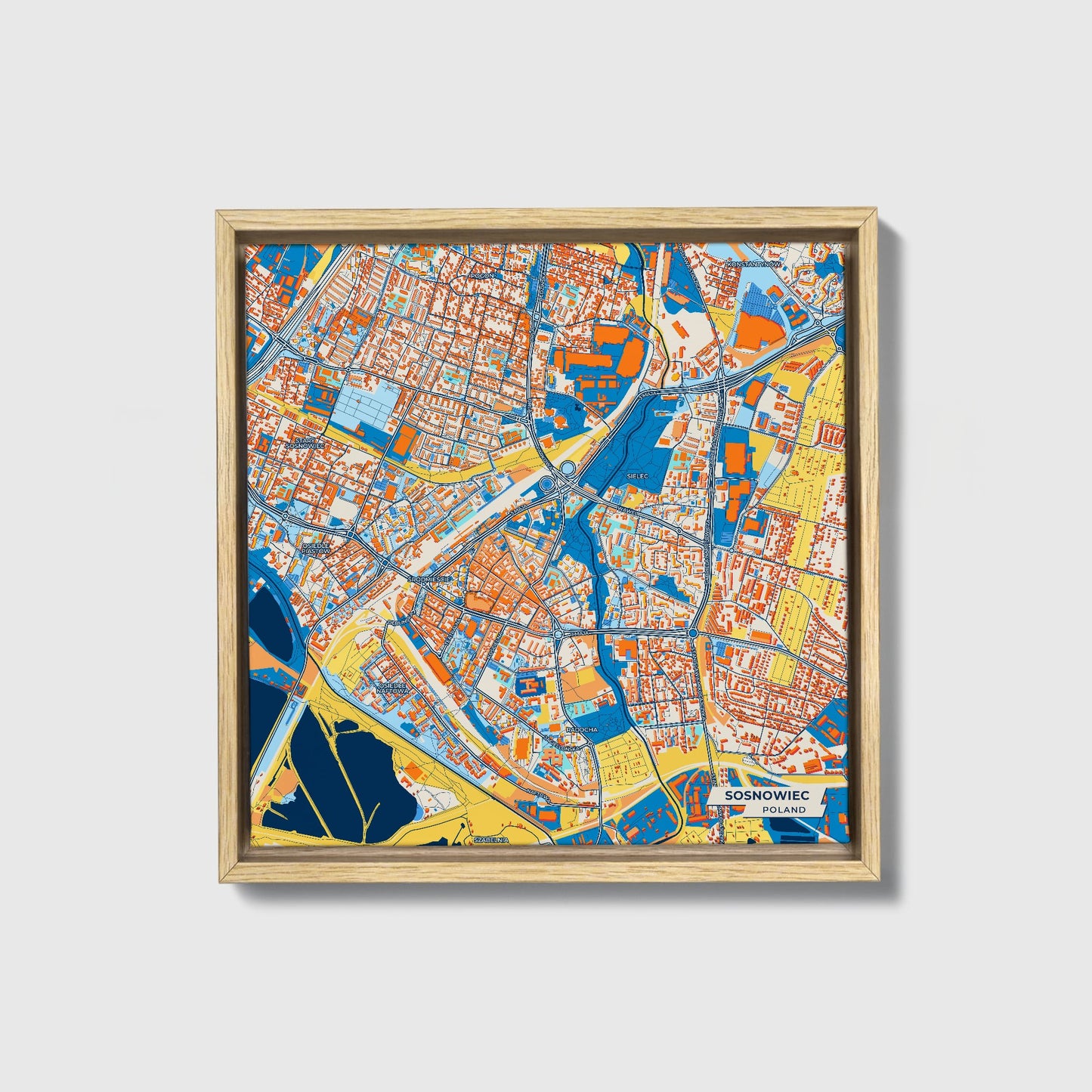 Sosnowiec Poland Colorful City Map Canvas Print • Natural Wooden Framed