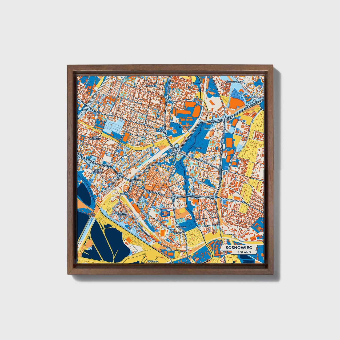 Sosnowiec Poland Colorful City Map Canvas Print • Dark Wooden Framed