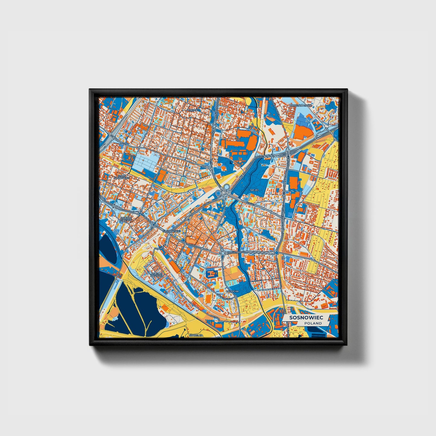 Sosnowiec Poland Colorful City Map Canvas Print • Black Framed