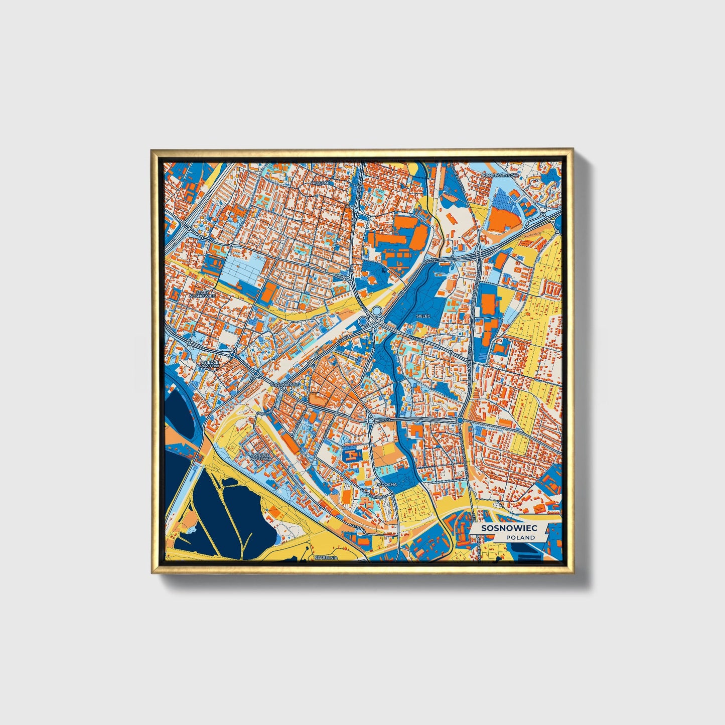 Sosnowiec Poland Colorful City Map Canvas Print • Gold Framed
