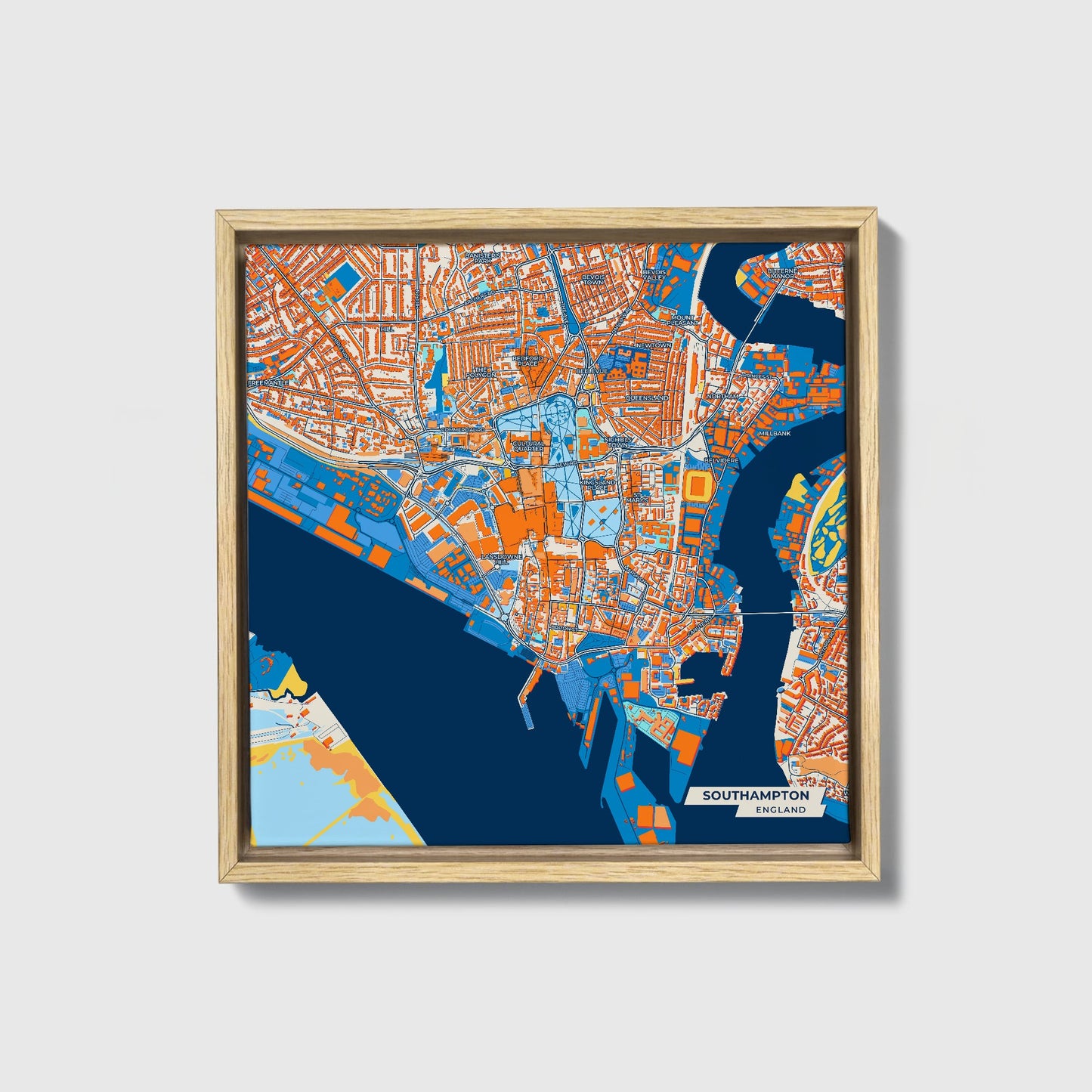 Southampton England Colorful City Map Canvas Print • Natural Wooden Framed