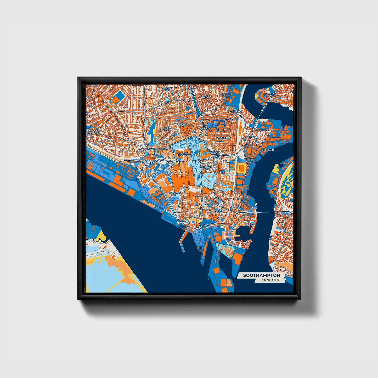 Southampton England Colorful City Map Canvas Print • Black Framed
