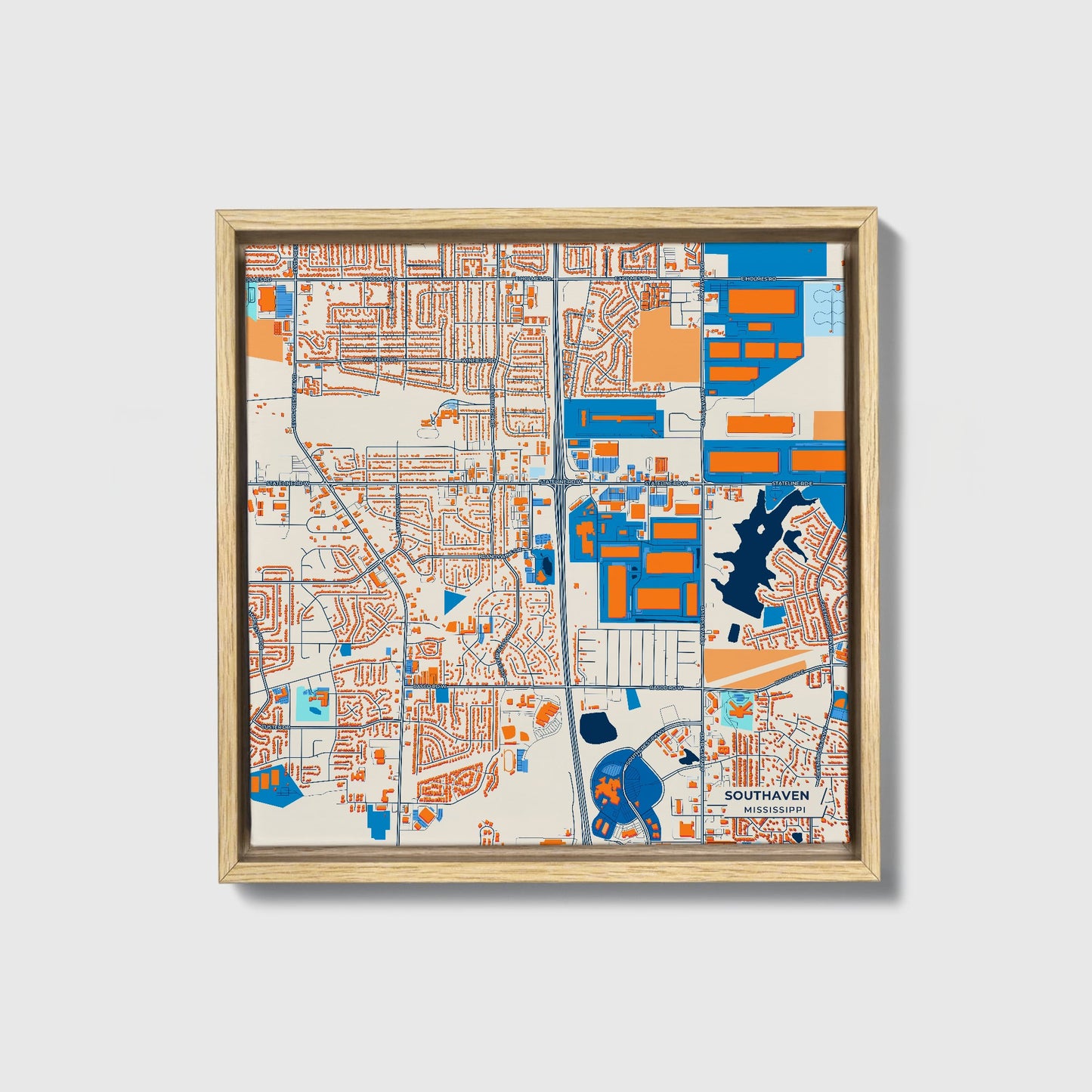 Southaven Mississippi Colorful City Map Canvas Print • Natural Wooden Framed