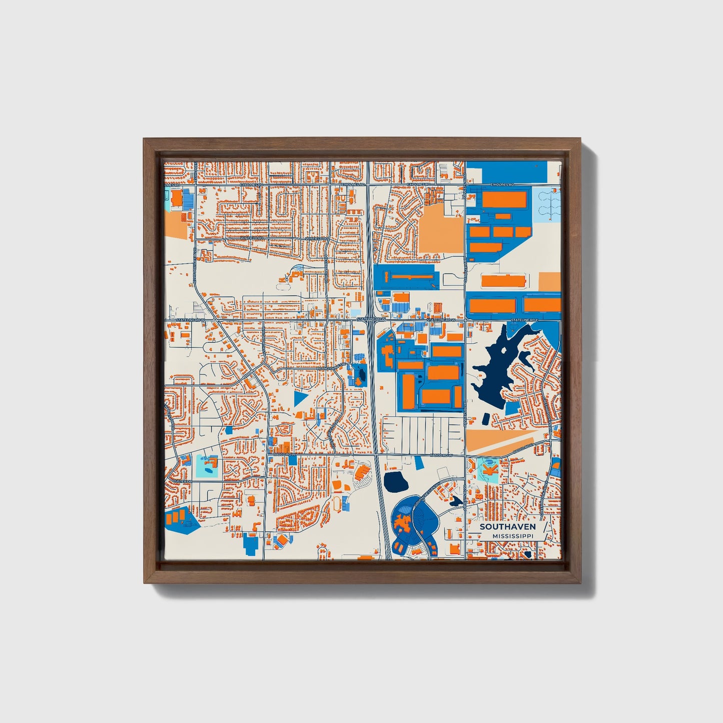 Southaven Mississippi Colorful City Map Canvas Print • Dark Wooden Framed