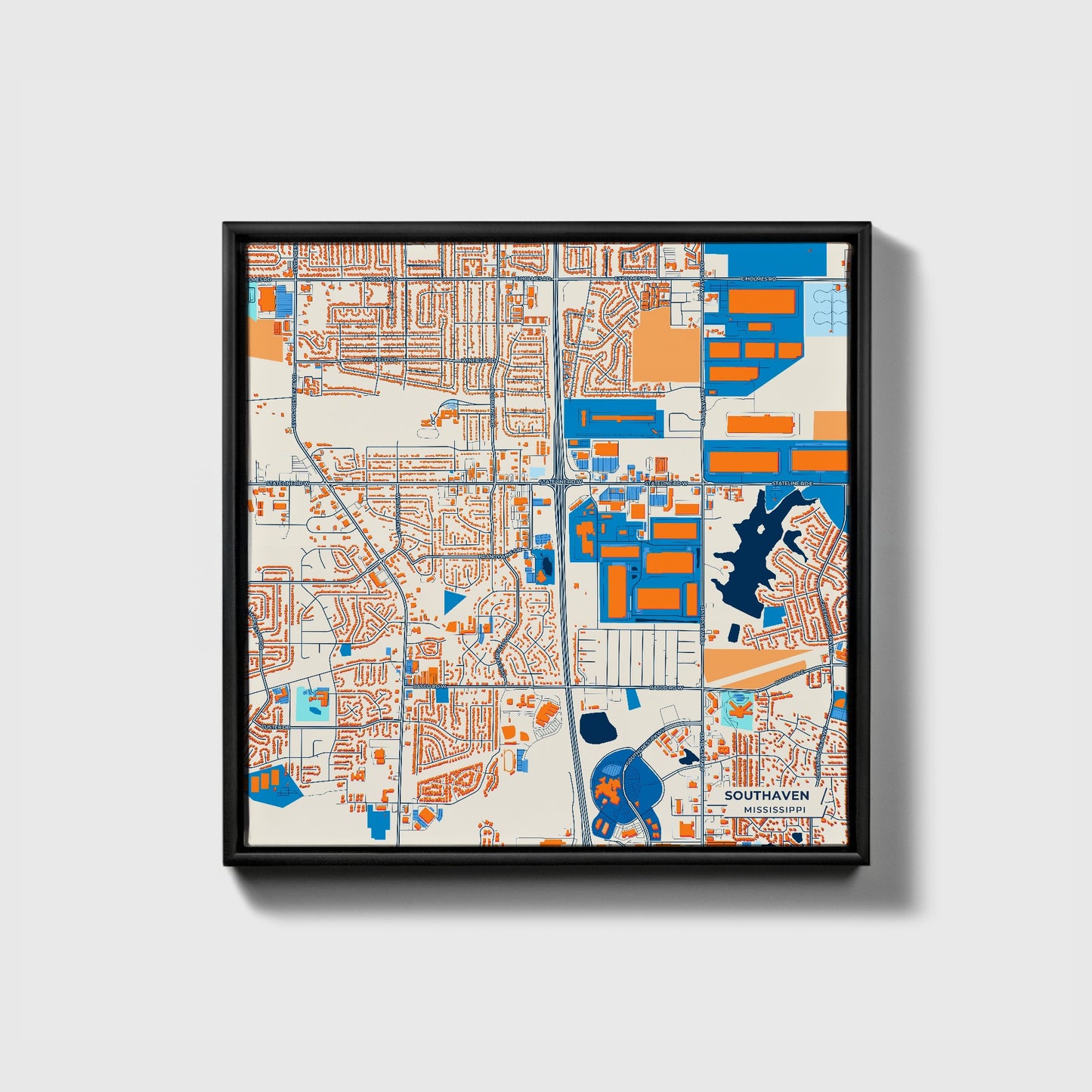 Southaven Mississippi Colorful City Map Canvas Print • Black Framed