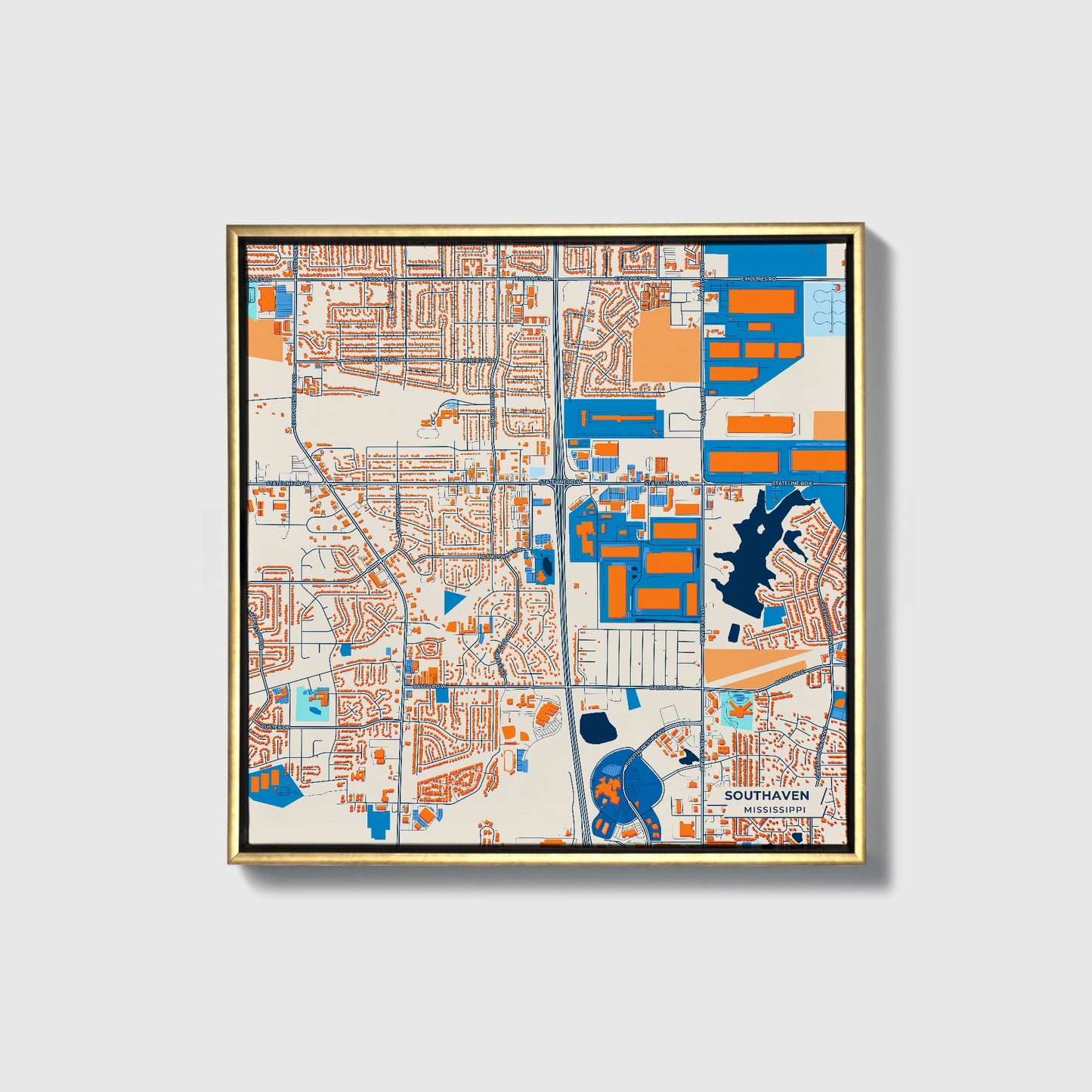 Southaven Mississippi Colorful City Map Canvas Print • Gold Framed