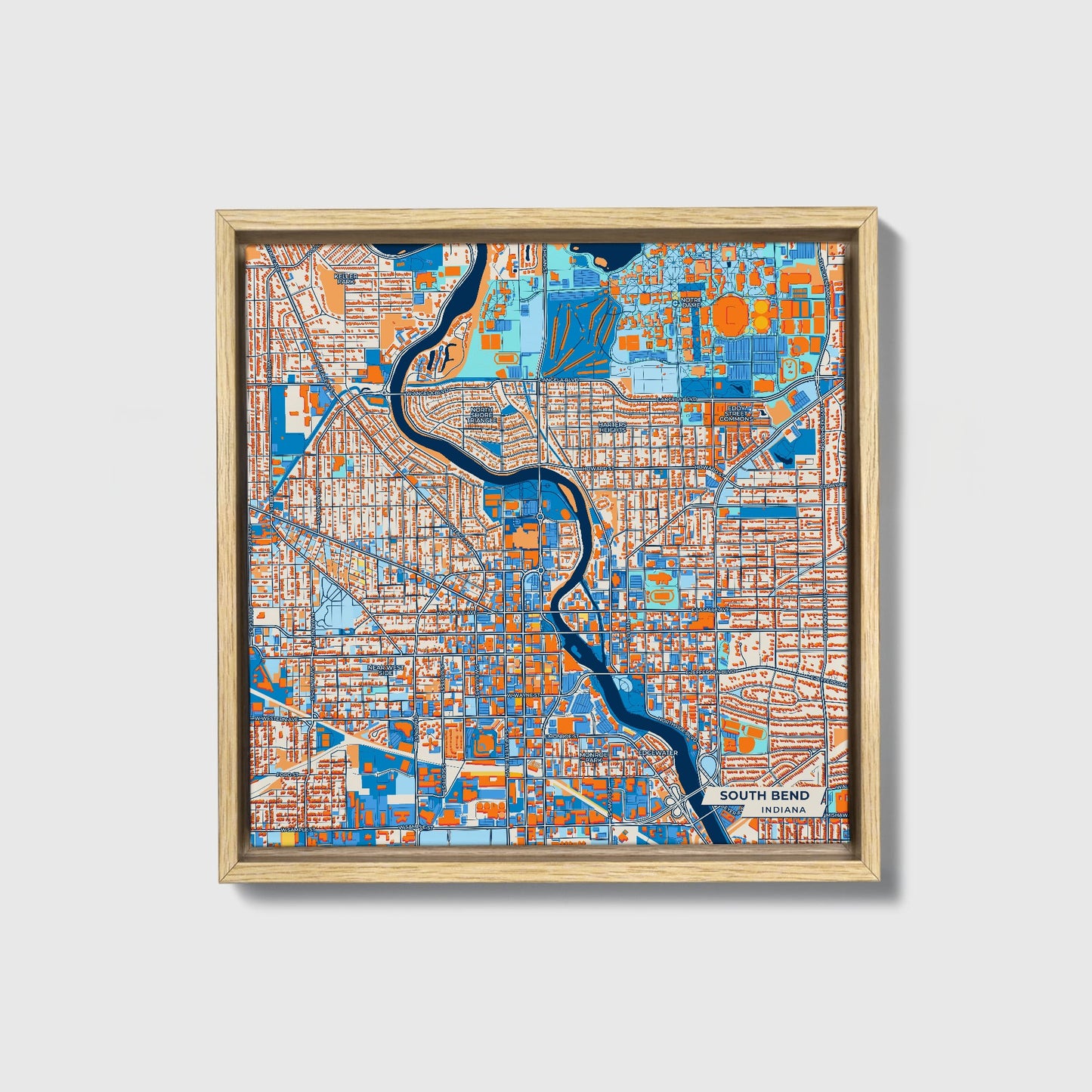 South Bend Indiana Colorful City Map Canvas Print • Natural Wooden Framed