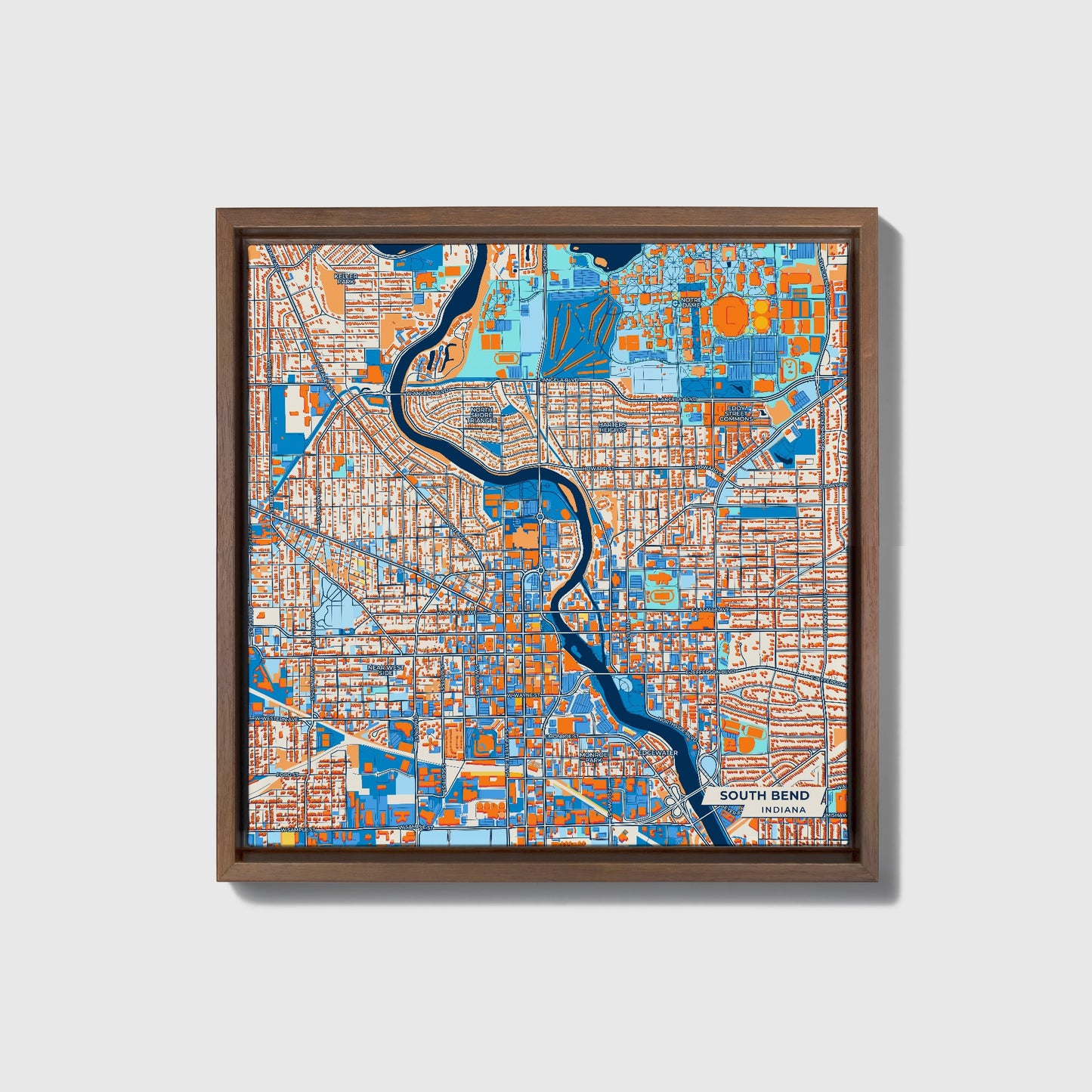 South Bend Indiana Colorful City Map Canvas Print • Dark Wooden Framed