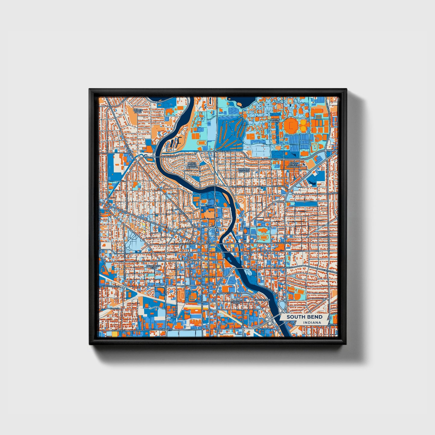 South Bend Indiana Colorful City Map Canvas Print • Black Framed
